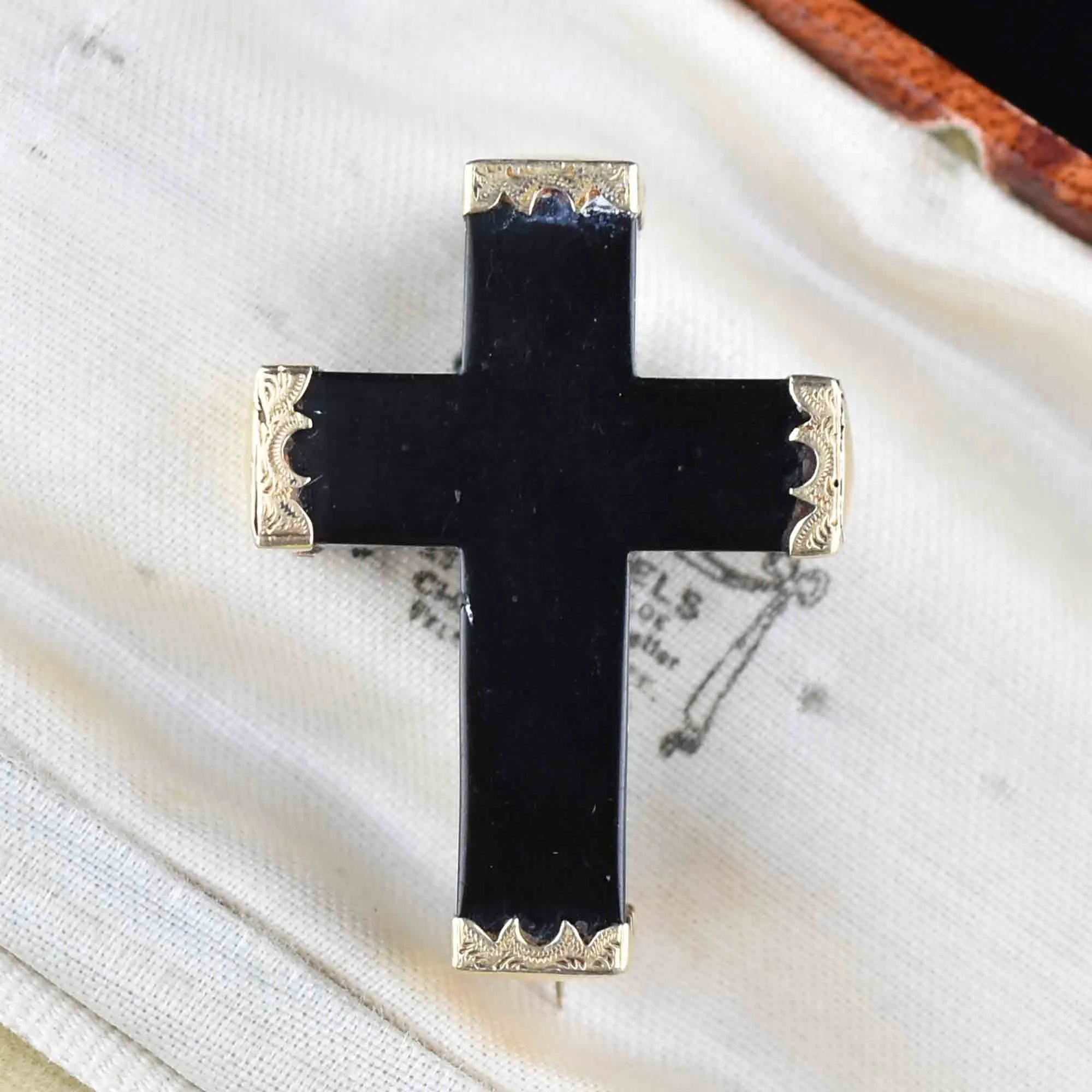 10K Gold Victorian Whitby Jet Cross Brooch