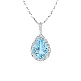 1.18 CT. Aquamarine Pear Shape Pendant with Pavé Diamond Halo