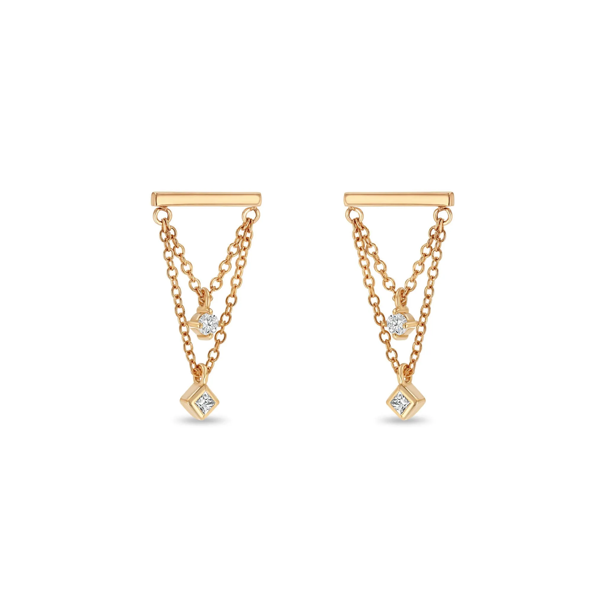 14k Bar & Mixed Diamond Double Chain Drop Earrings