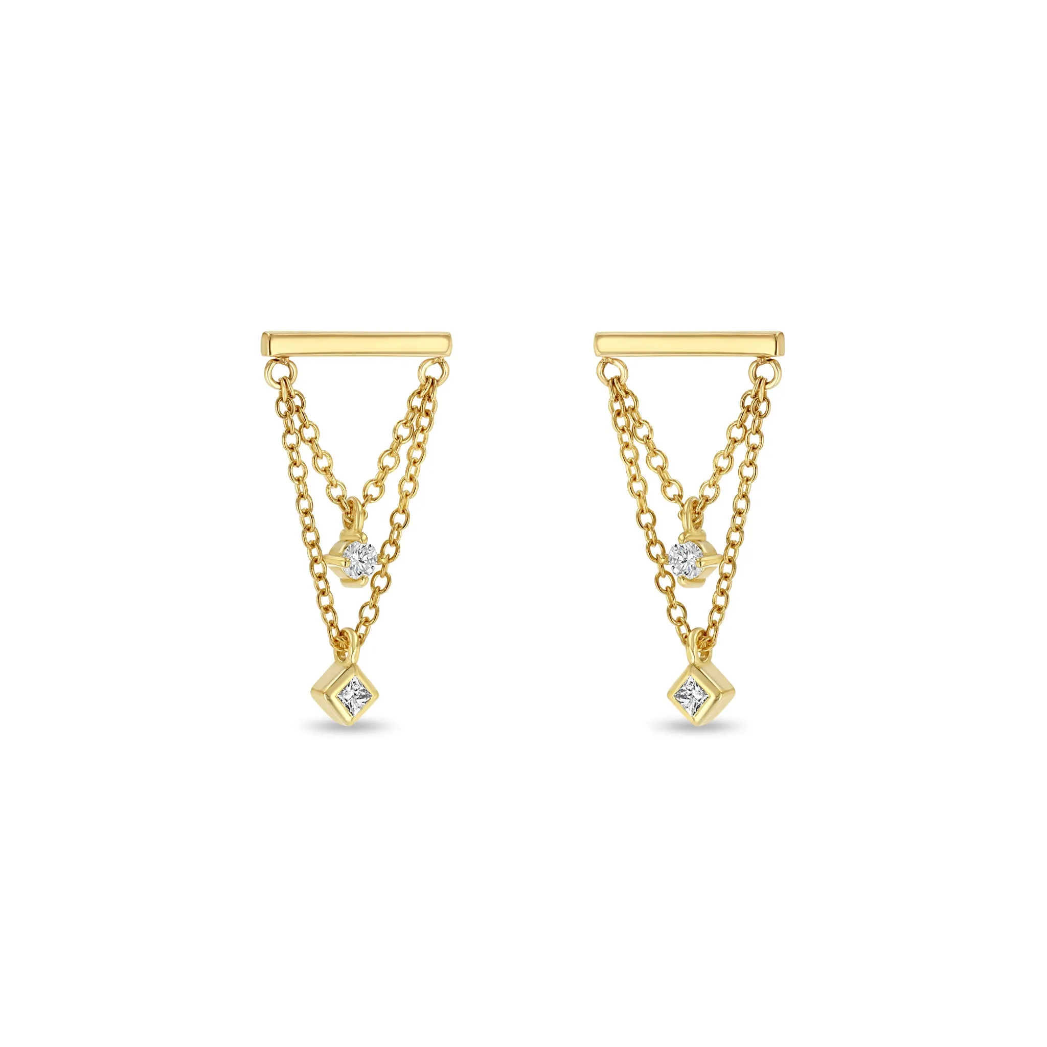 14k Bar & Mixed Diamond Double Chain Drop Earrings