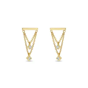 14k Bar & Mixed Diamond Double Chain Drop Earrings