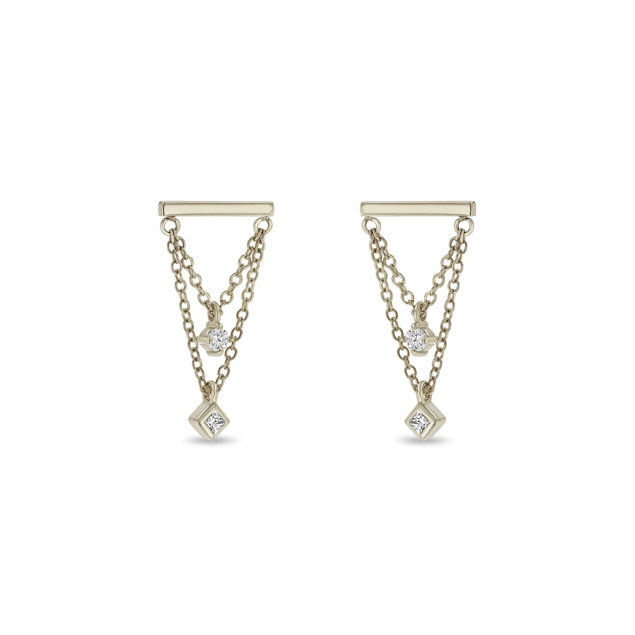 14k Bar & Mixed Diamond Double Chain Drop Earrings