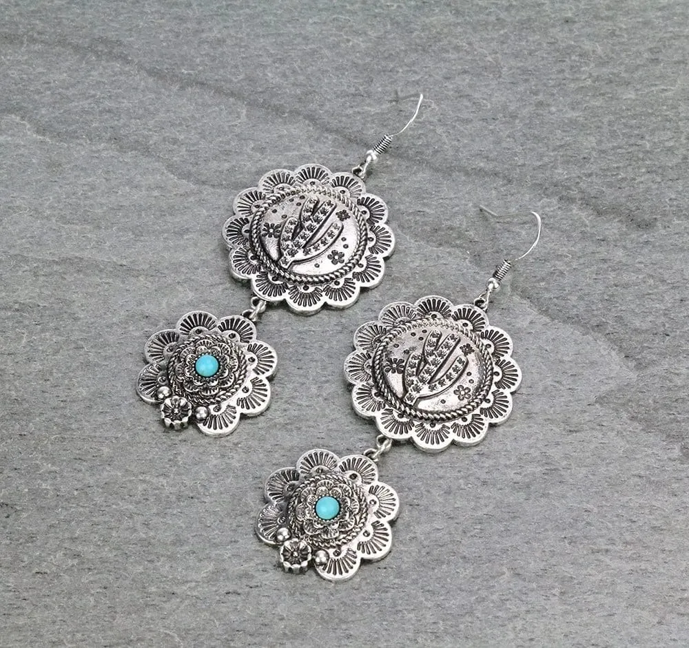 2 tier silver floral western earrings