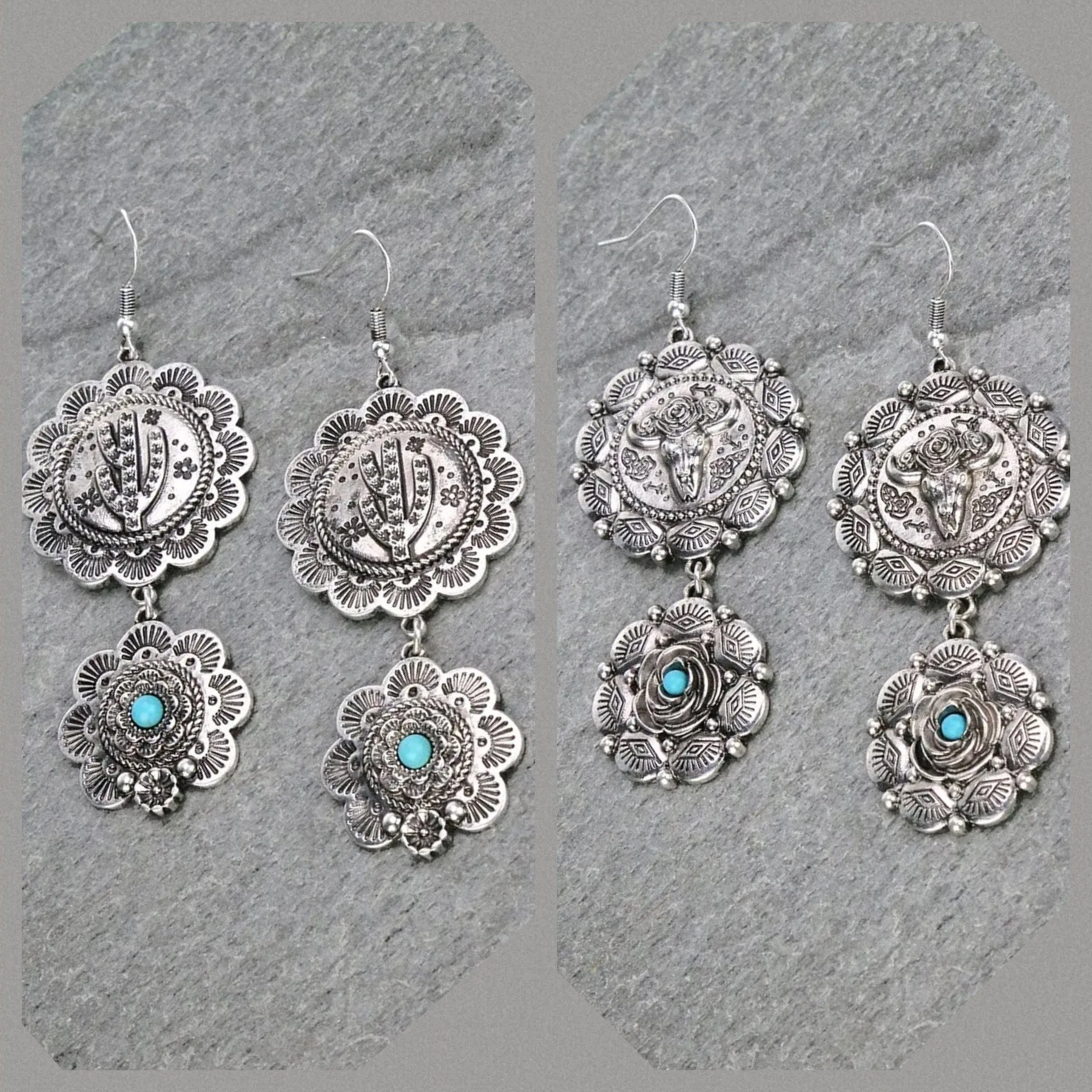 2 tier silver floral western earrings