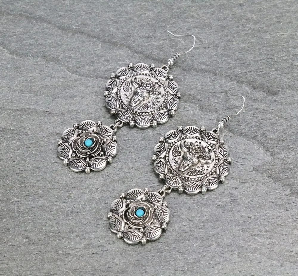 2 tier silver floral western earrings