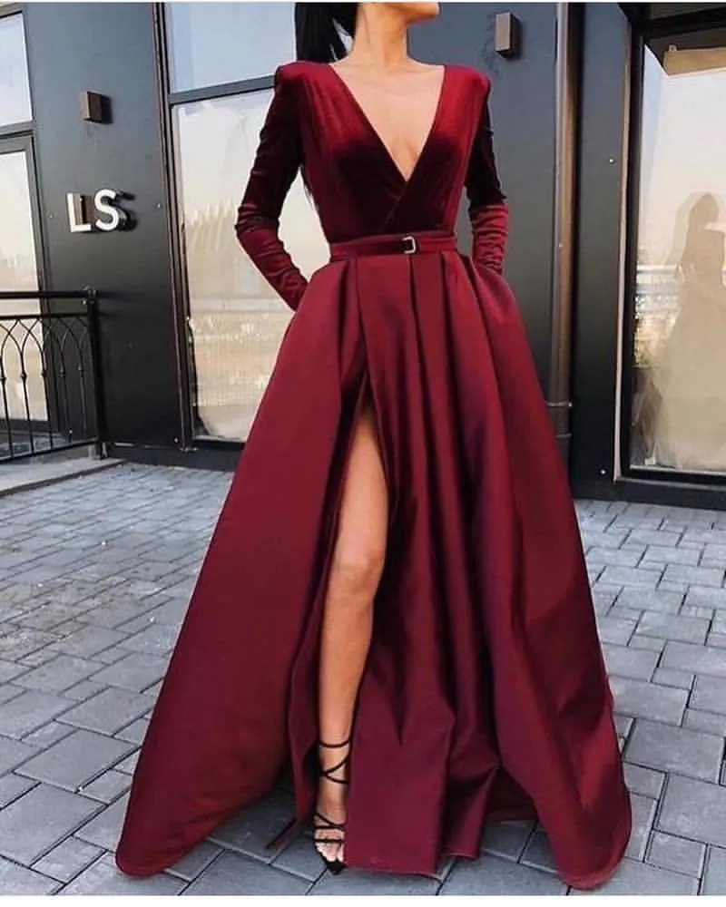 A Line Deep V Neck Black/Burgundy Long Sleeves Satin Prom Dresses With Leg Slit, Black/Burgundy Formal Dresses, Graduation Dresses, Evening Dresses