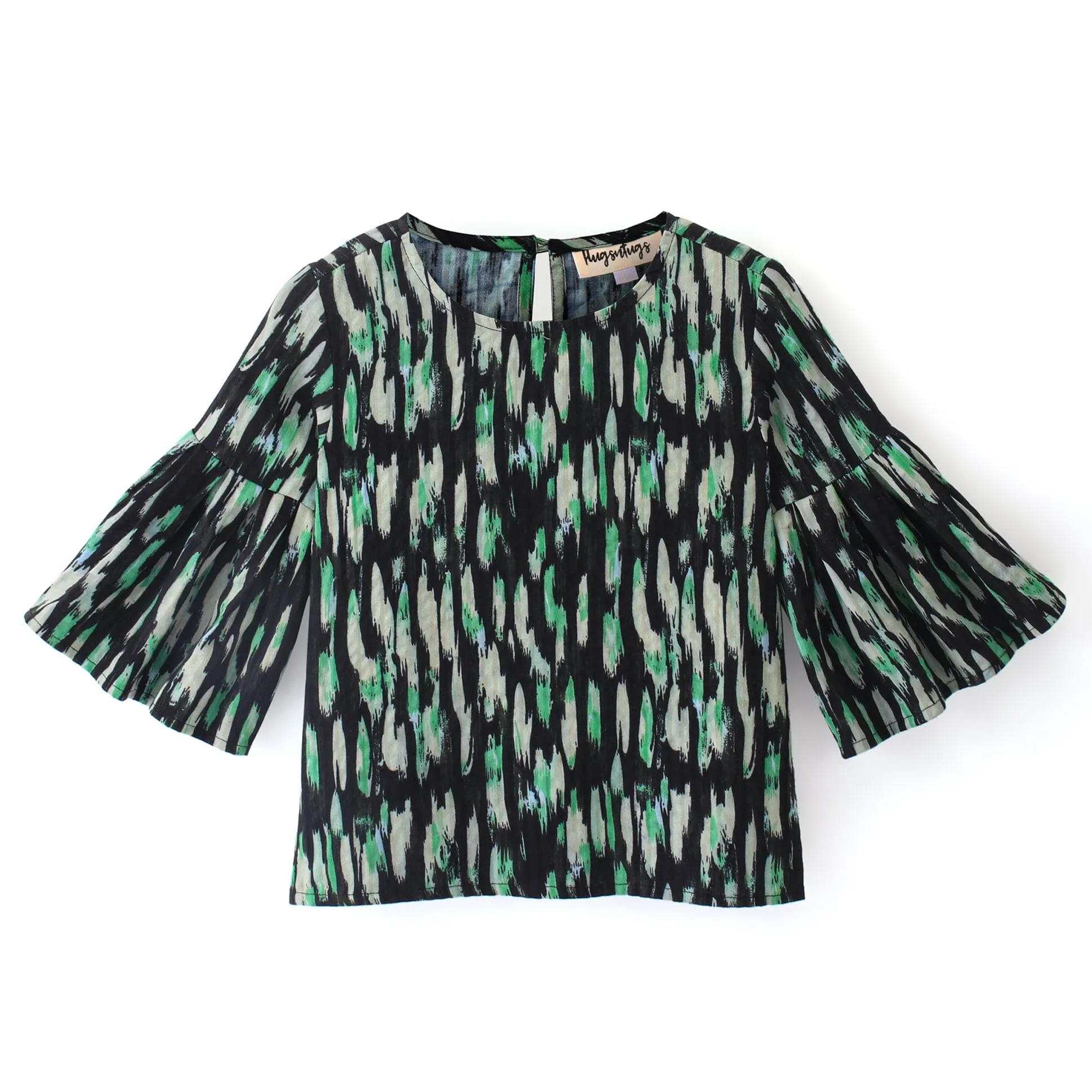 Abstract Print Cotton Top With Bell Sleeves-Green