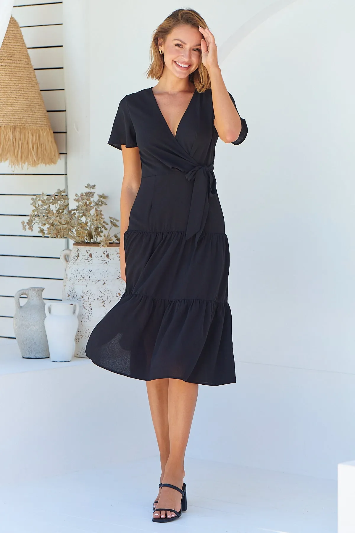 Adeline Black Cross Over Side Tie Maxi Dress