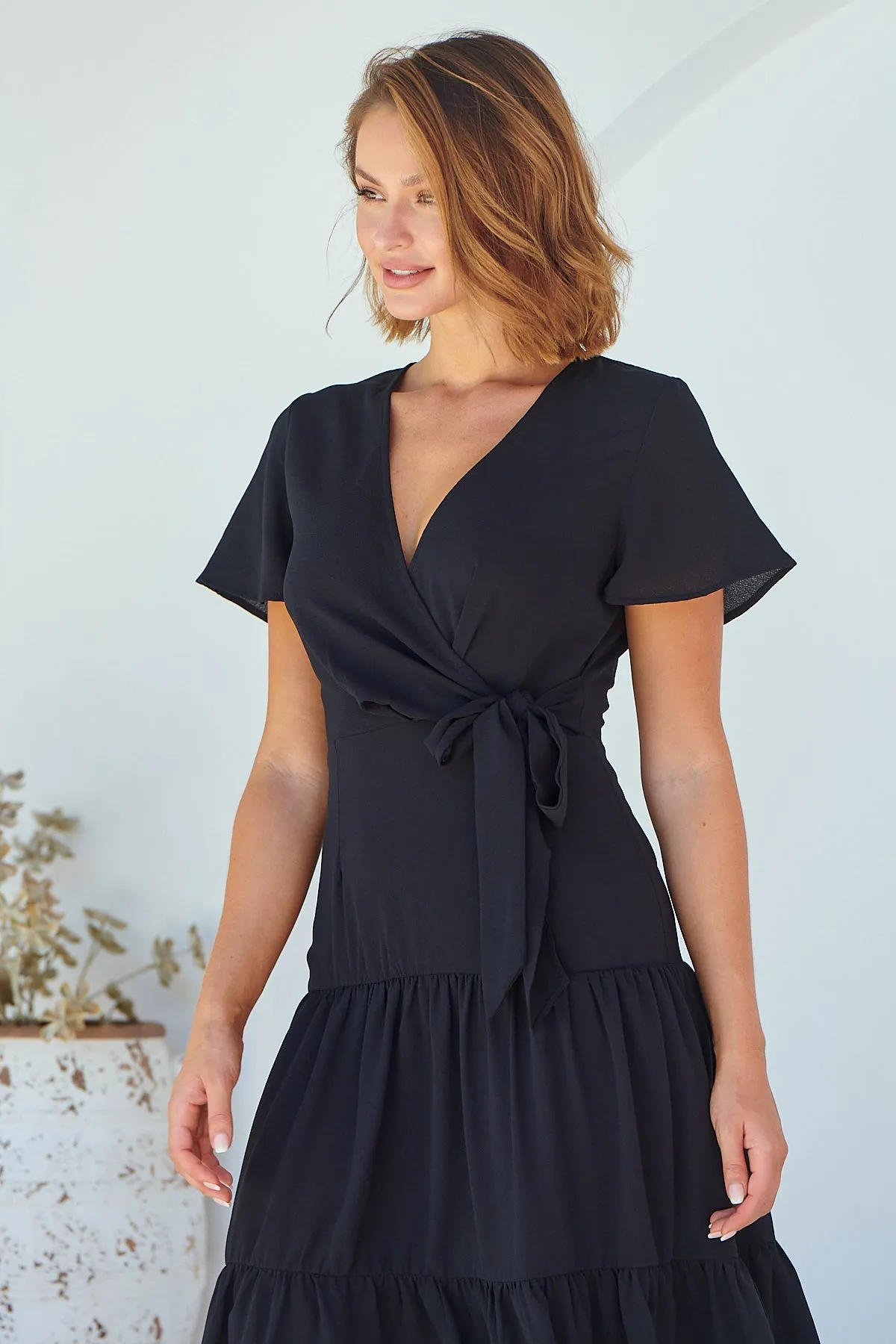 Adeline Black Cross Over Side Tie Maxi Dress