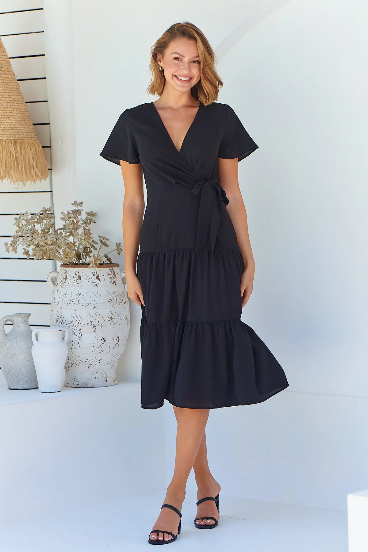 Adeline Black Cross Over Side Tie Maxi Dress