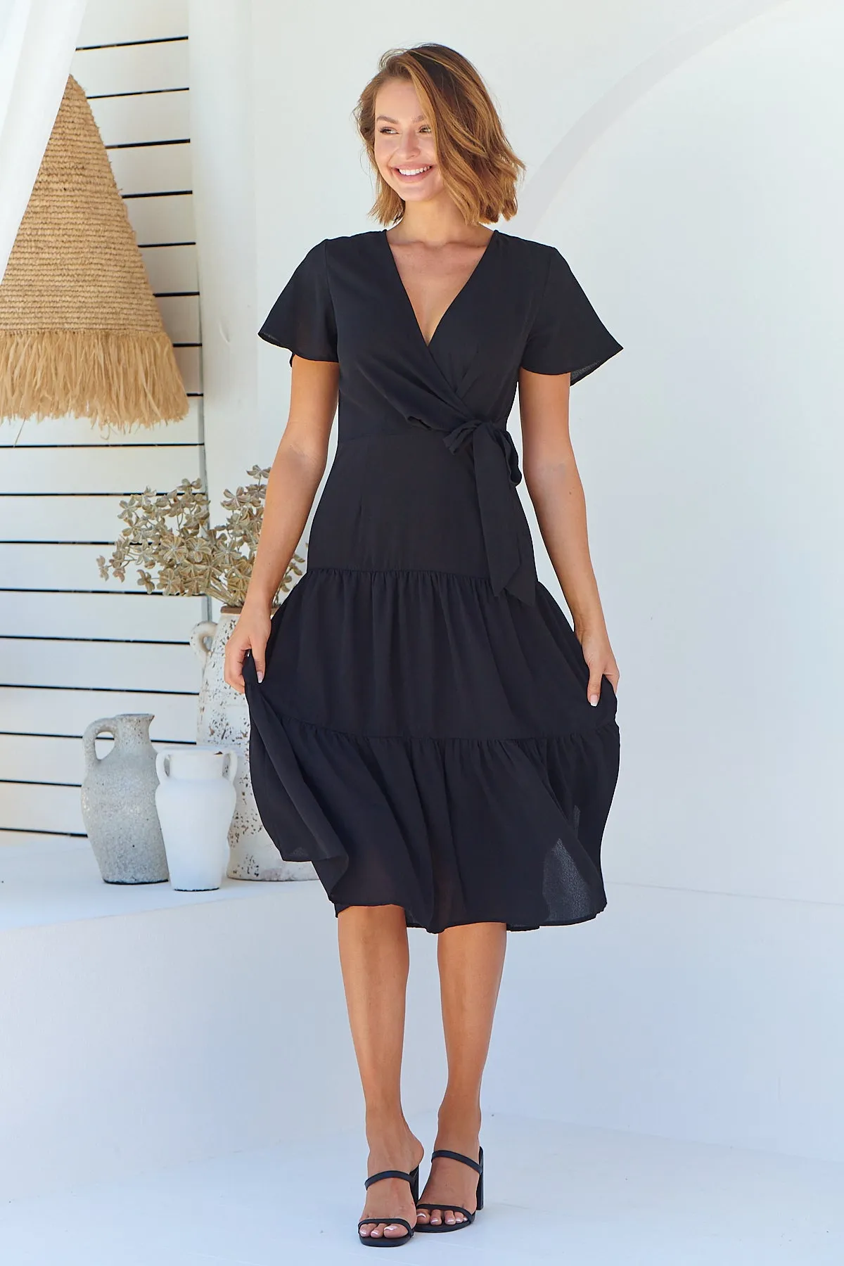 Adeline Black Cross Over Side Tie Maxi Dress