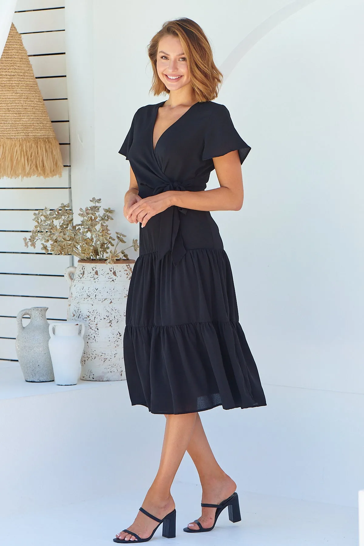 Adeline Black Cross Over Side Tie Maxi Dress