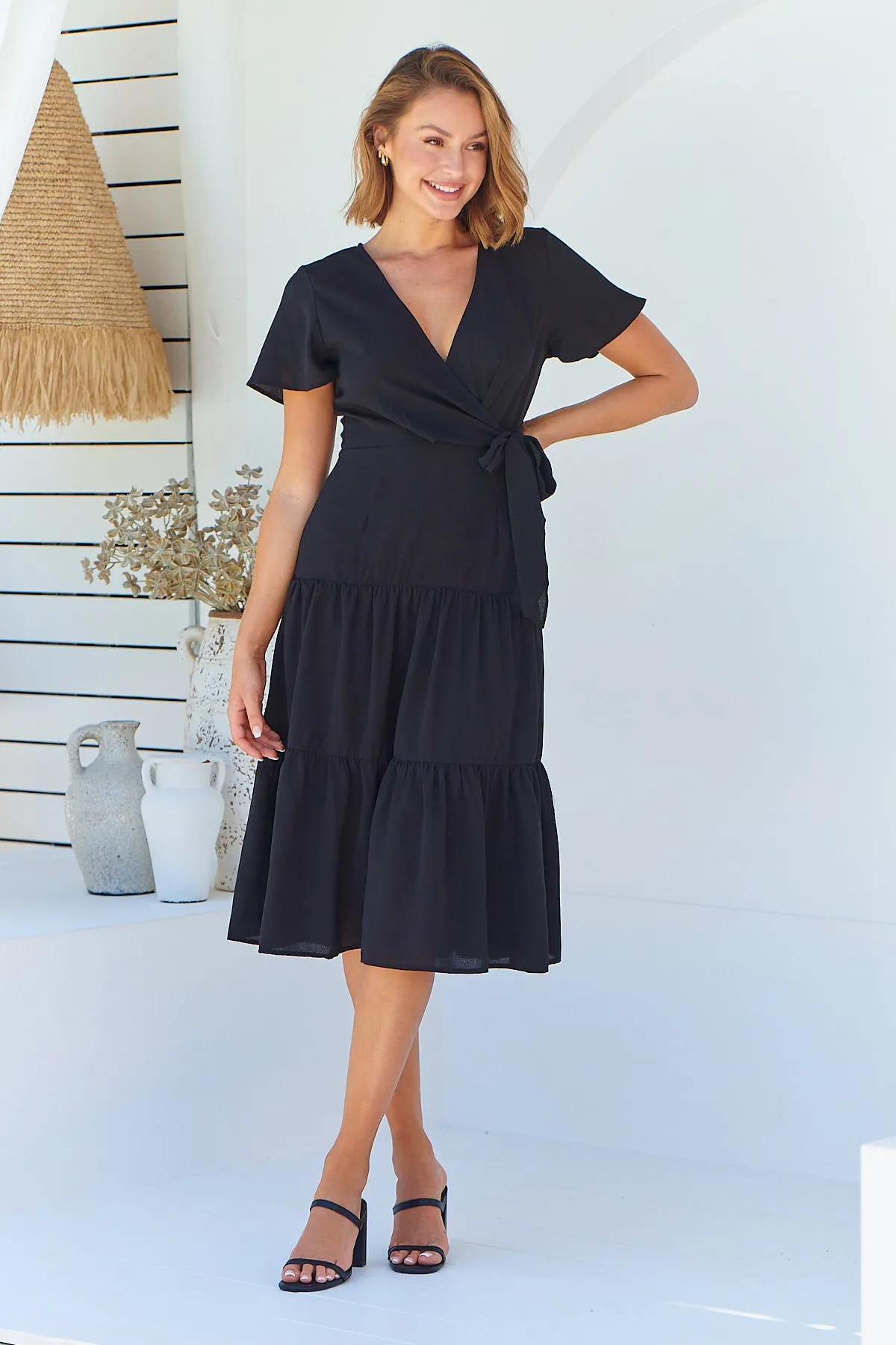 Adeline Black Cross Over Side Tie Maxi Dress