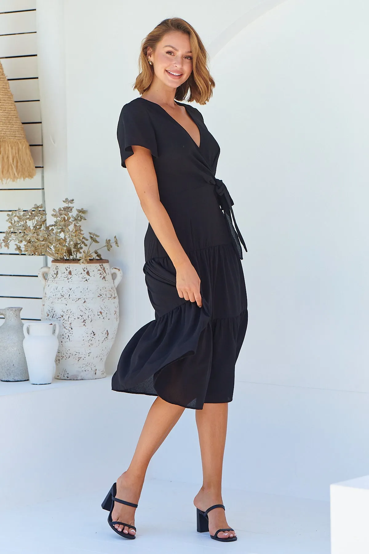 Adeline Black Cross Over Side Tie Maxi Dress