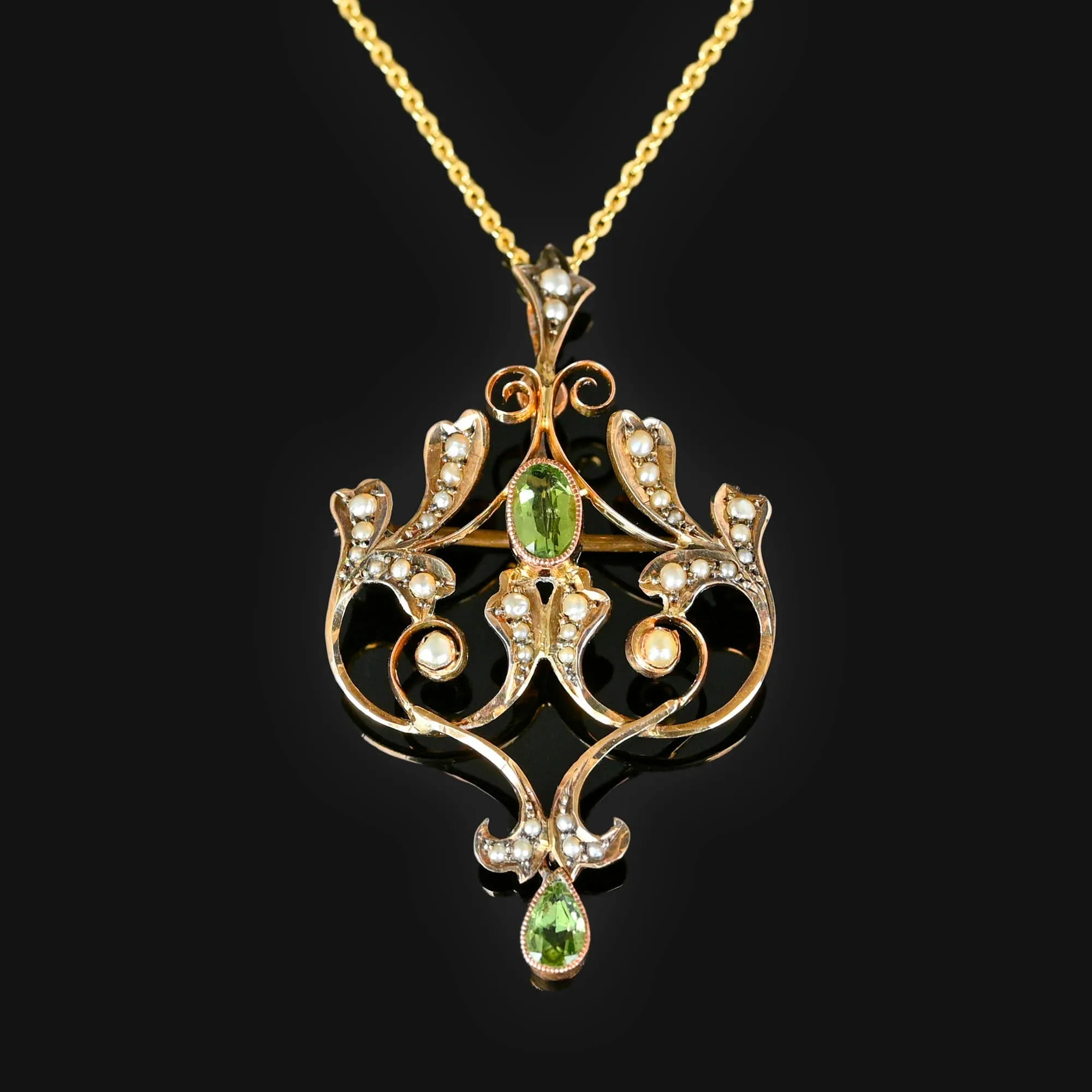 Antique Edwardian Peridot Pearl Pendant Brooch