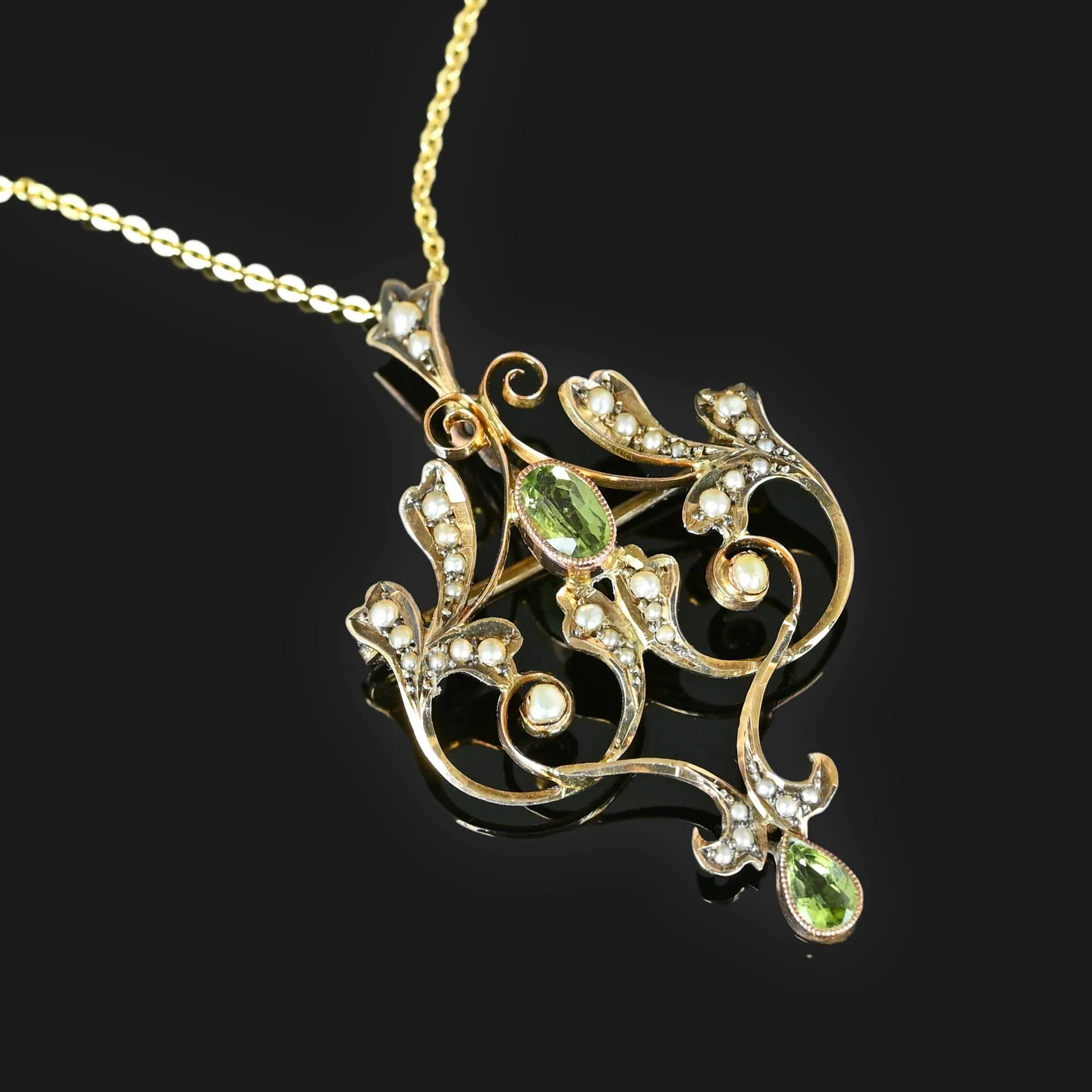 Antique Edwardian Peridot Pearl Pendant Brooch