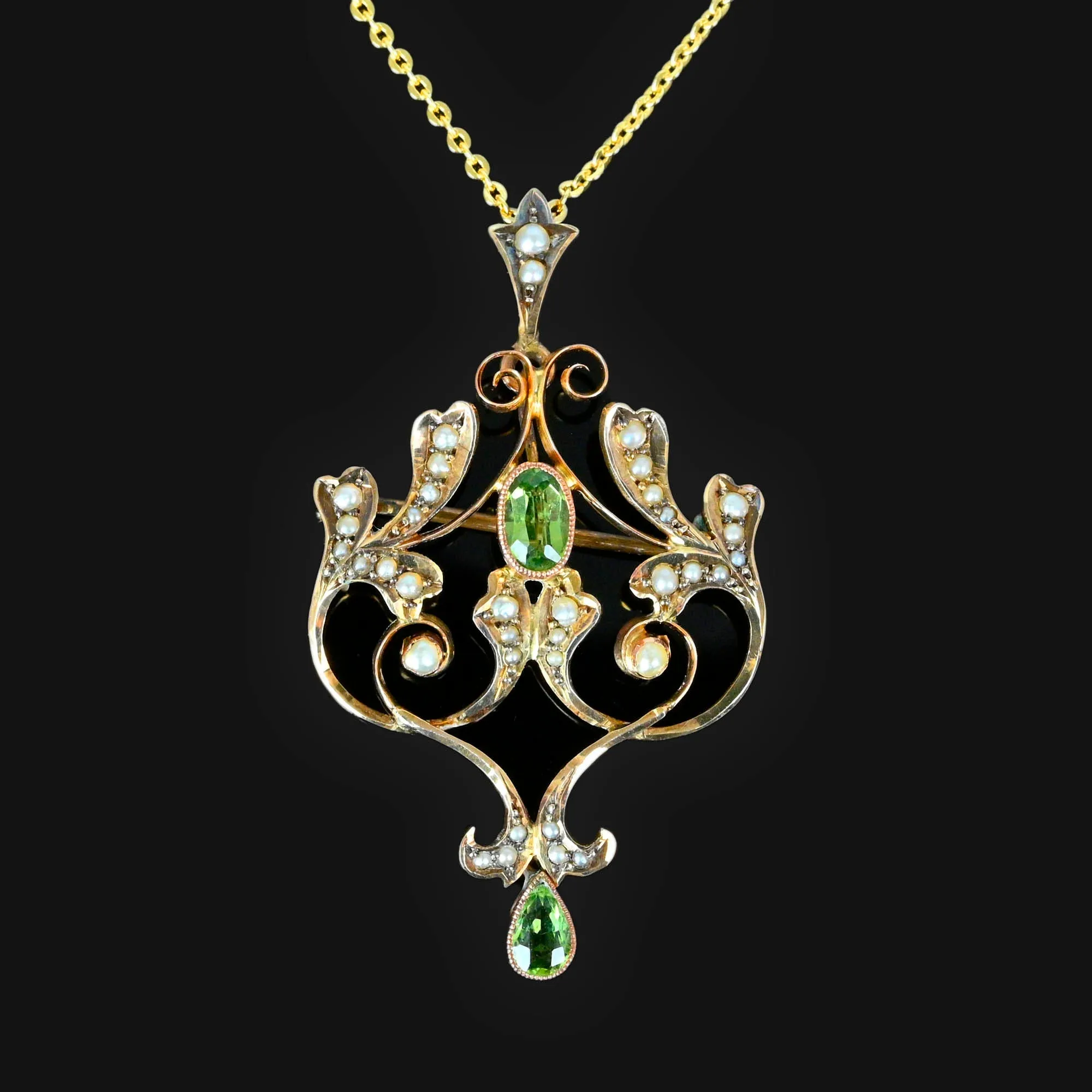 Antique Edwardian Peridot Pearl Pendant Brooch