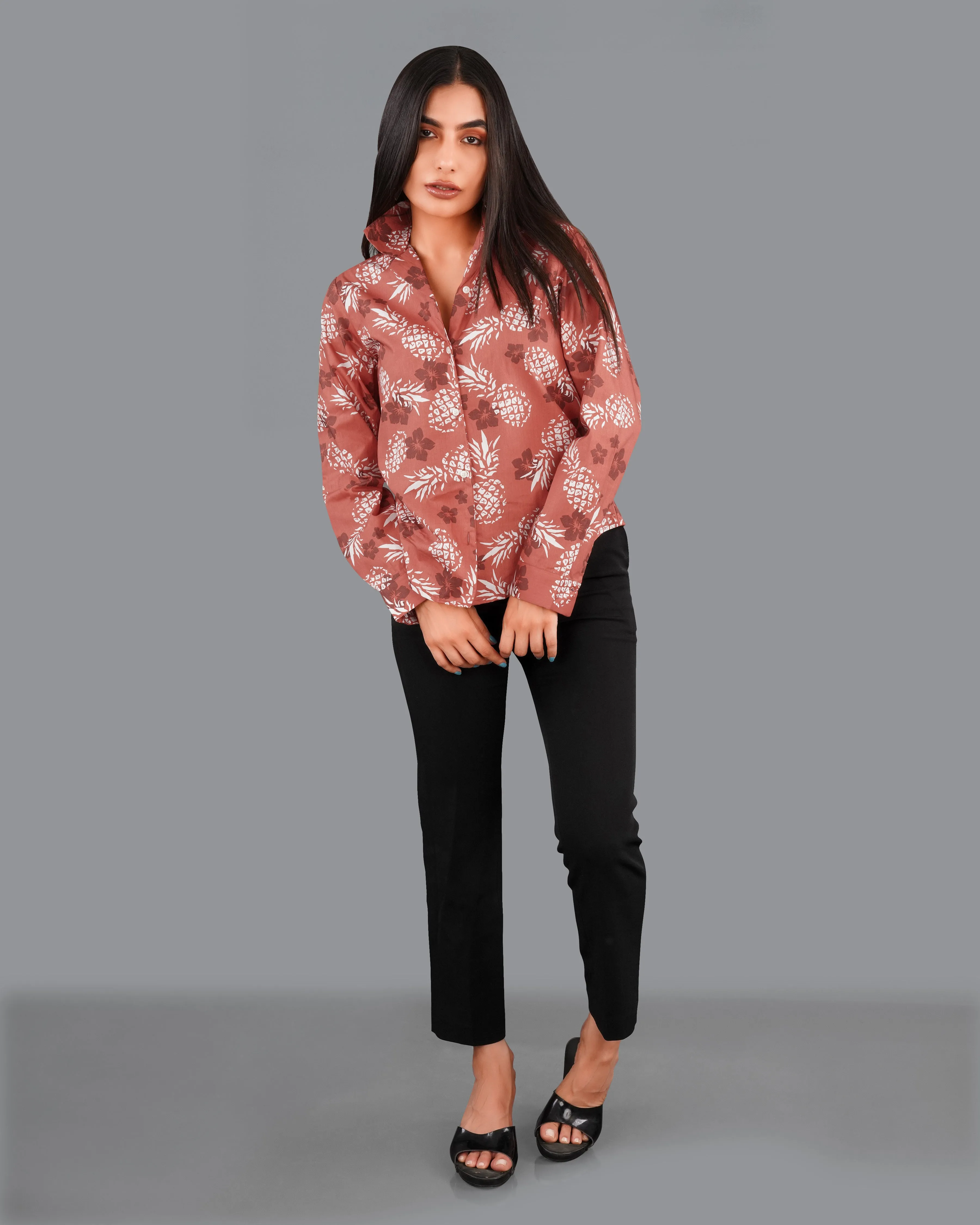 Antique Peach Pineapple Printed Premium Cotton Shirt