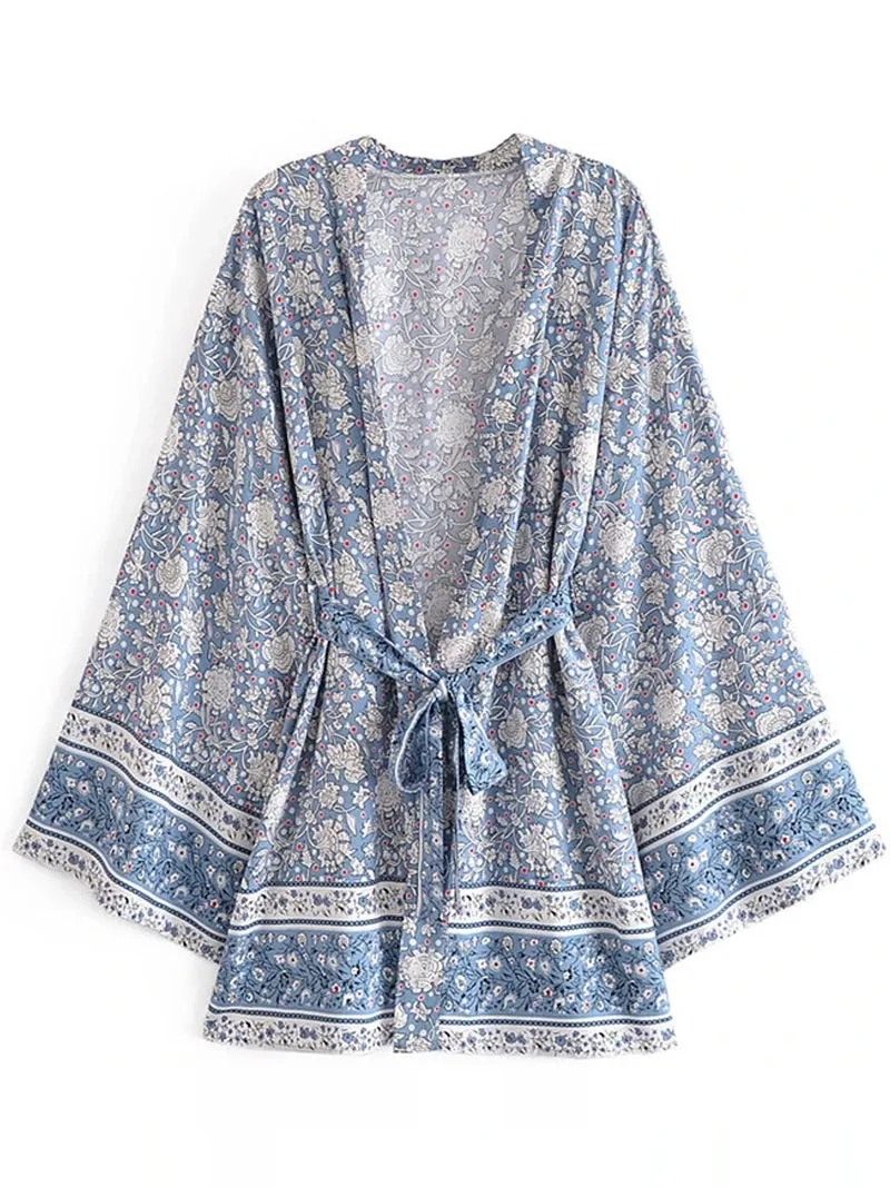 Beachwear Leaf Print Blue Color Cotton Short Length Gown Kimono Duster Robe