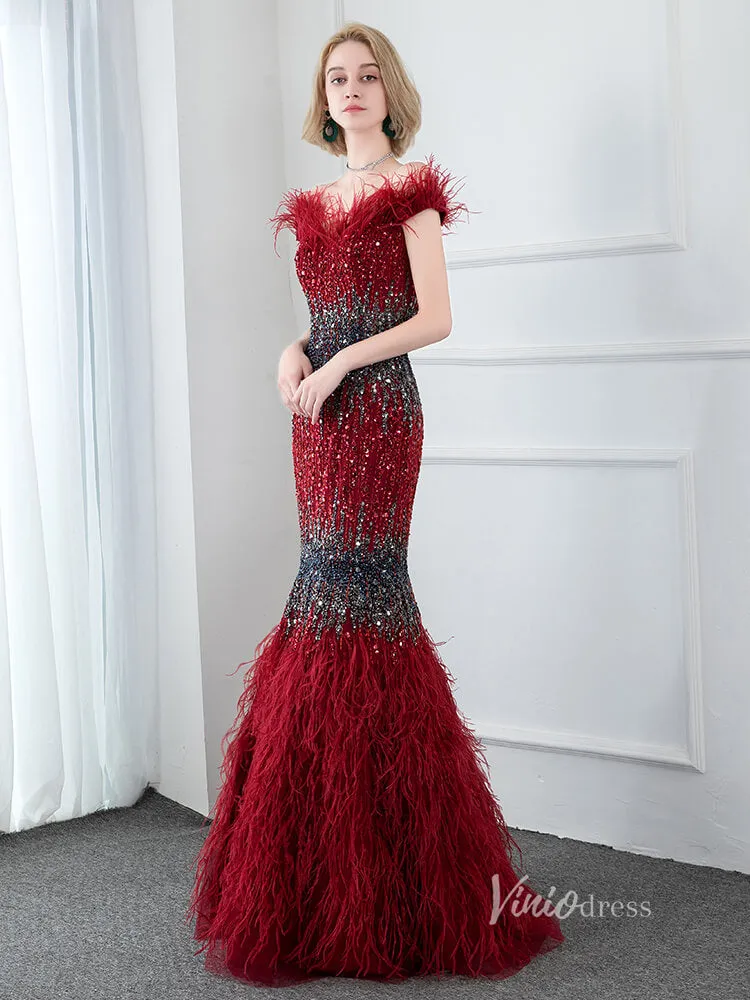 Beaded Burgundy Feather Prom Dresses 2022 Sheath Evening Dress FD2794