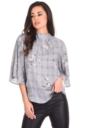 Black Checked Floral Print Top