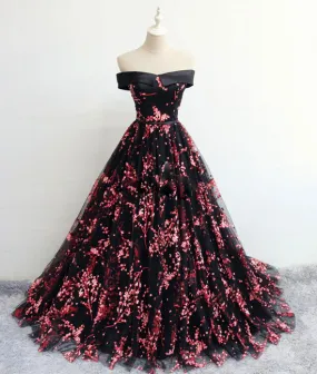 Black tulle lace long prom dress, black evening dress