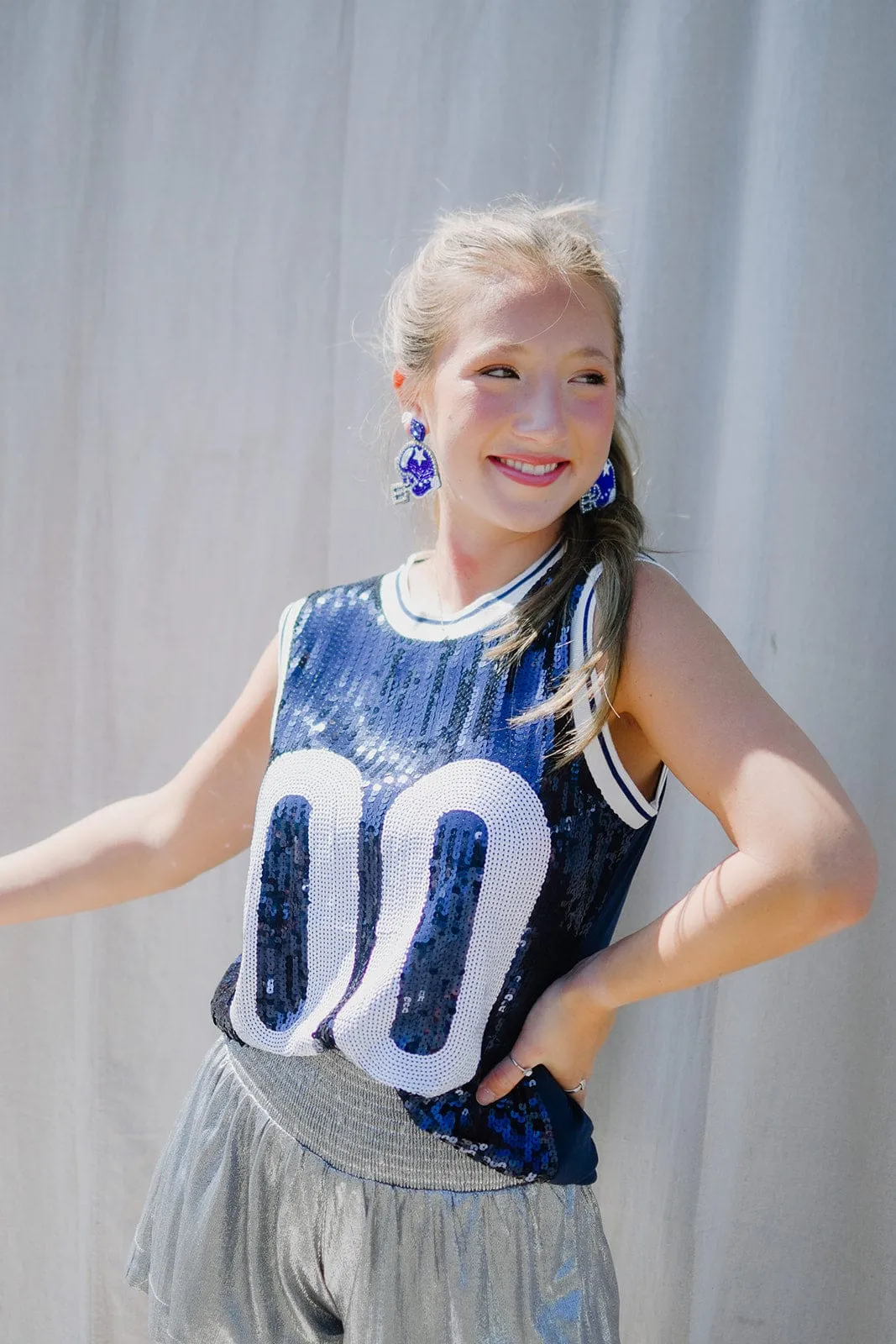 Blue & White Sequin Sleeveless Jersey