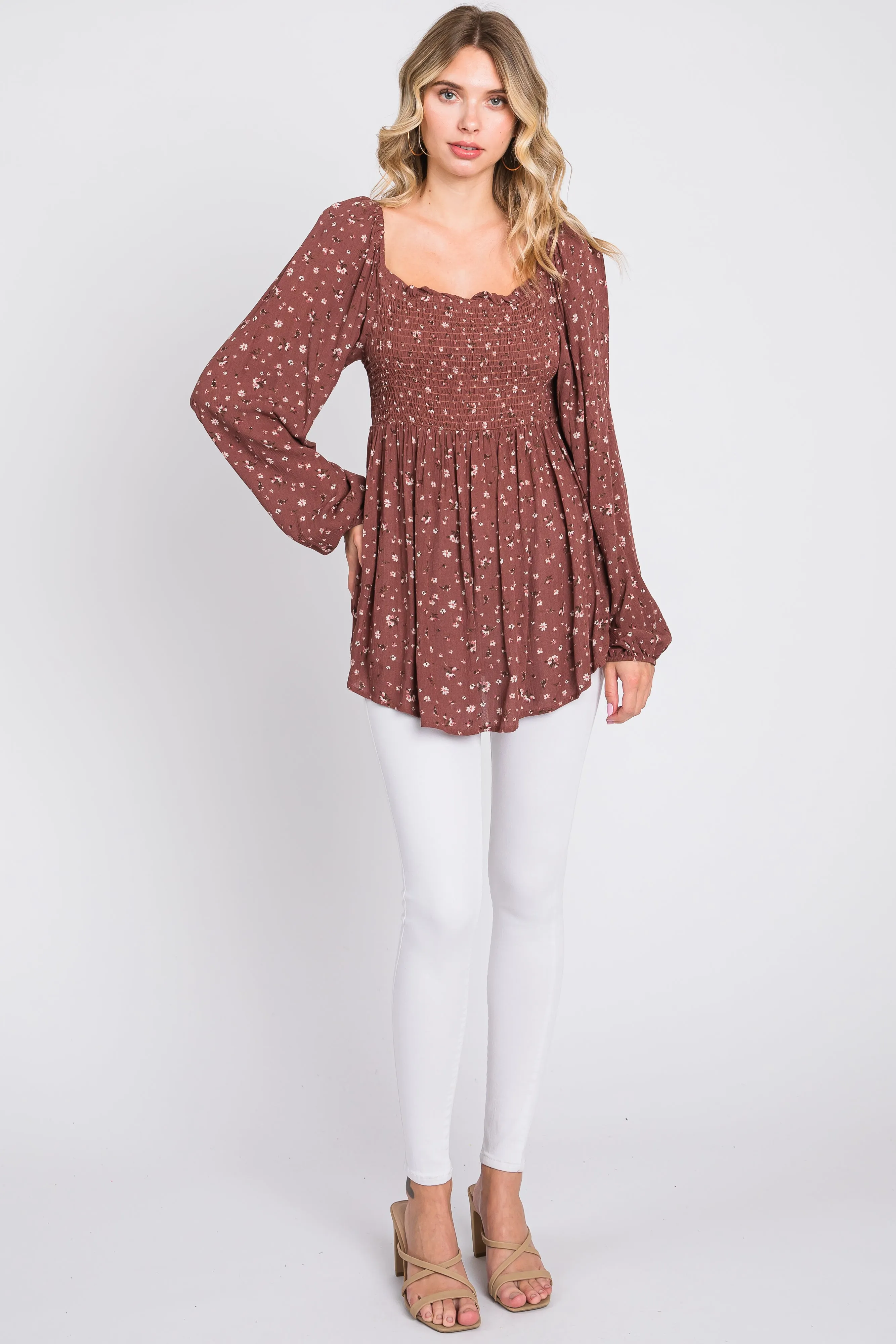 Brown Floral Smocked Long Sleeve Top