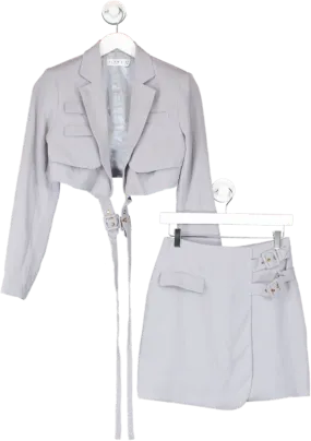 Club L Jet Set Strap Detail Cropped Blazer And Mini Skirt In Dove Grey UK 8