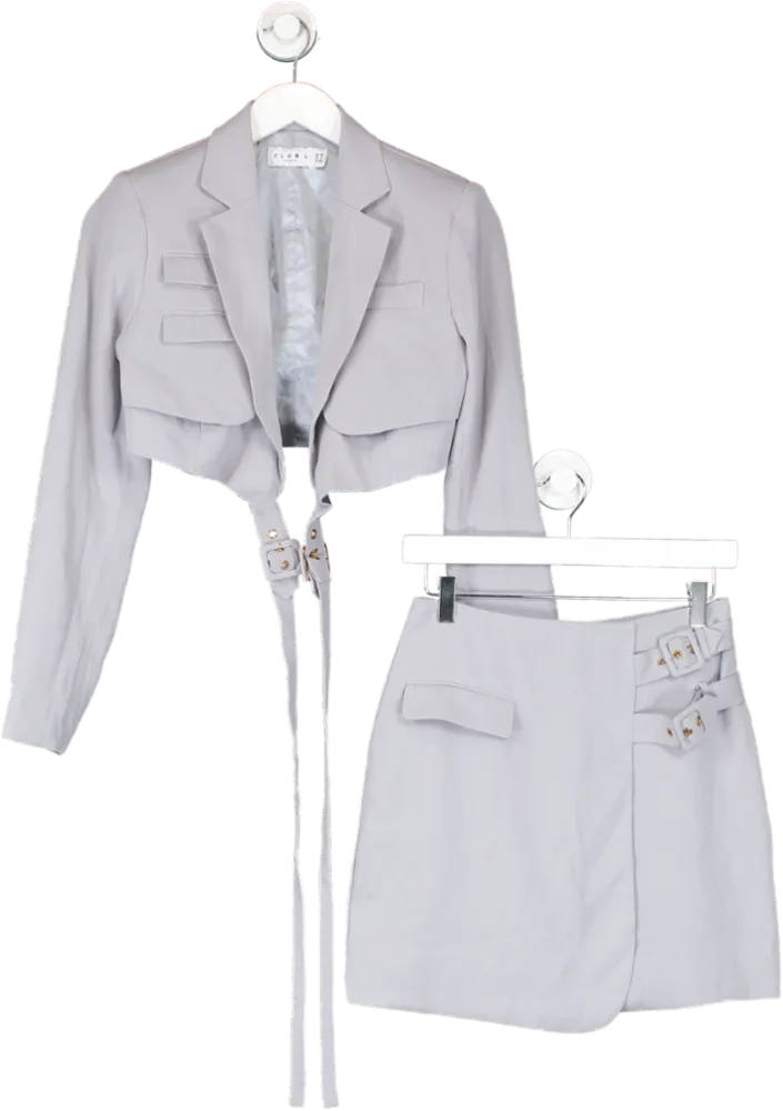 Club L Jet Set Strap Detail Cropped Blazer And Mini Skirt In Dove Grey UK 8