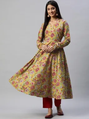 Divena Mahendi Cotton Hand Block Printed Anarkali Kurta