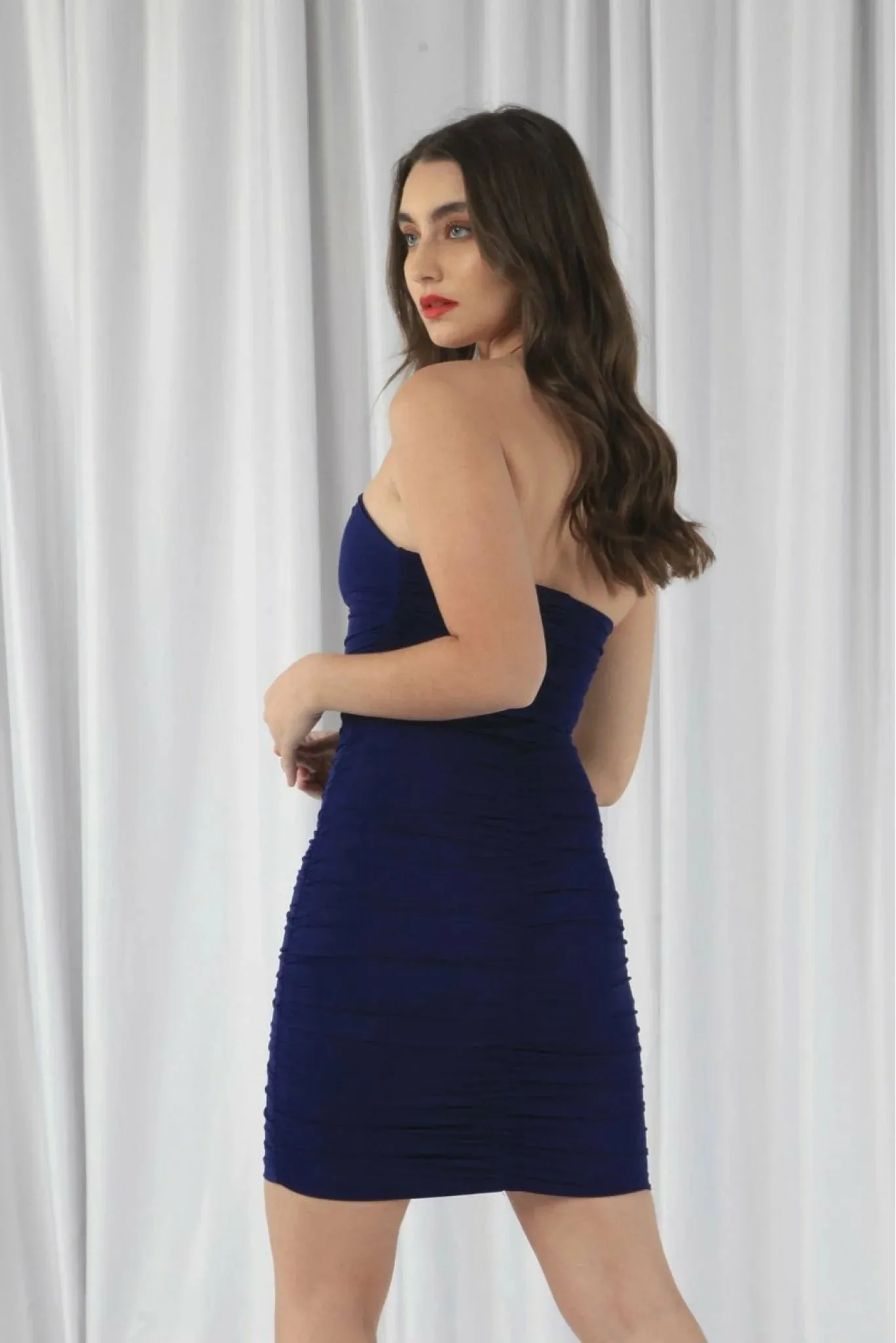 Double Second Navy Ruched Bodycon Neck Dress