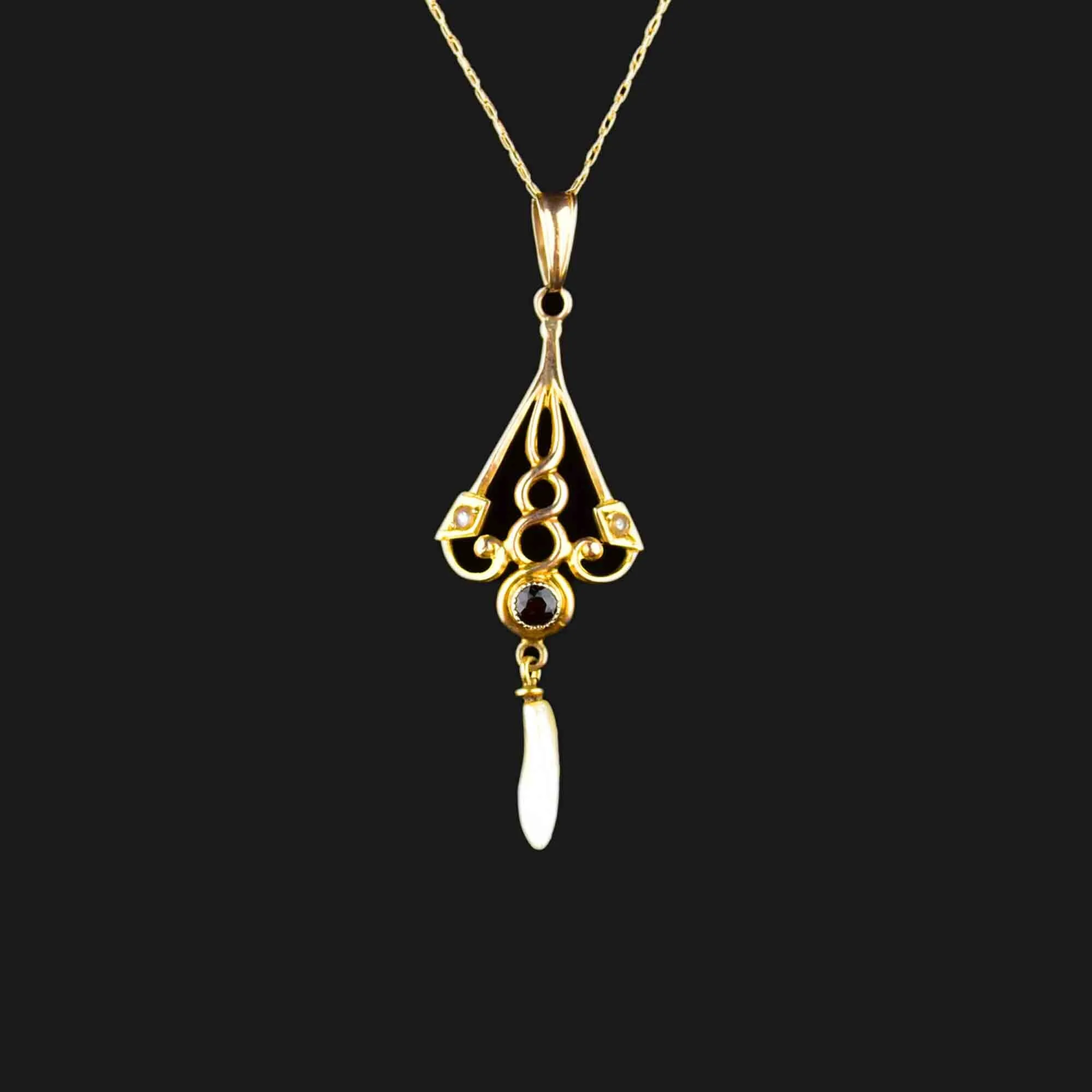 Edwardian 10K Gold Garnet Seed Pearl Lavaliere Necklace