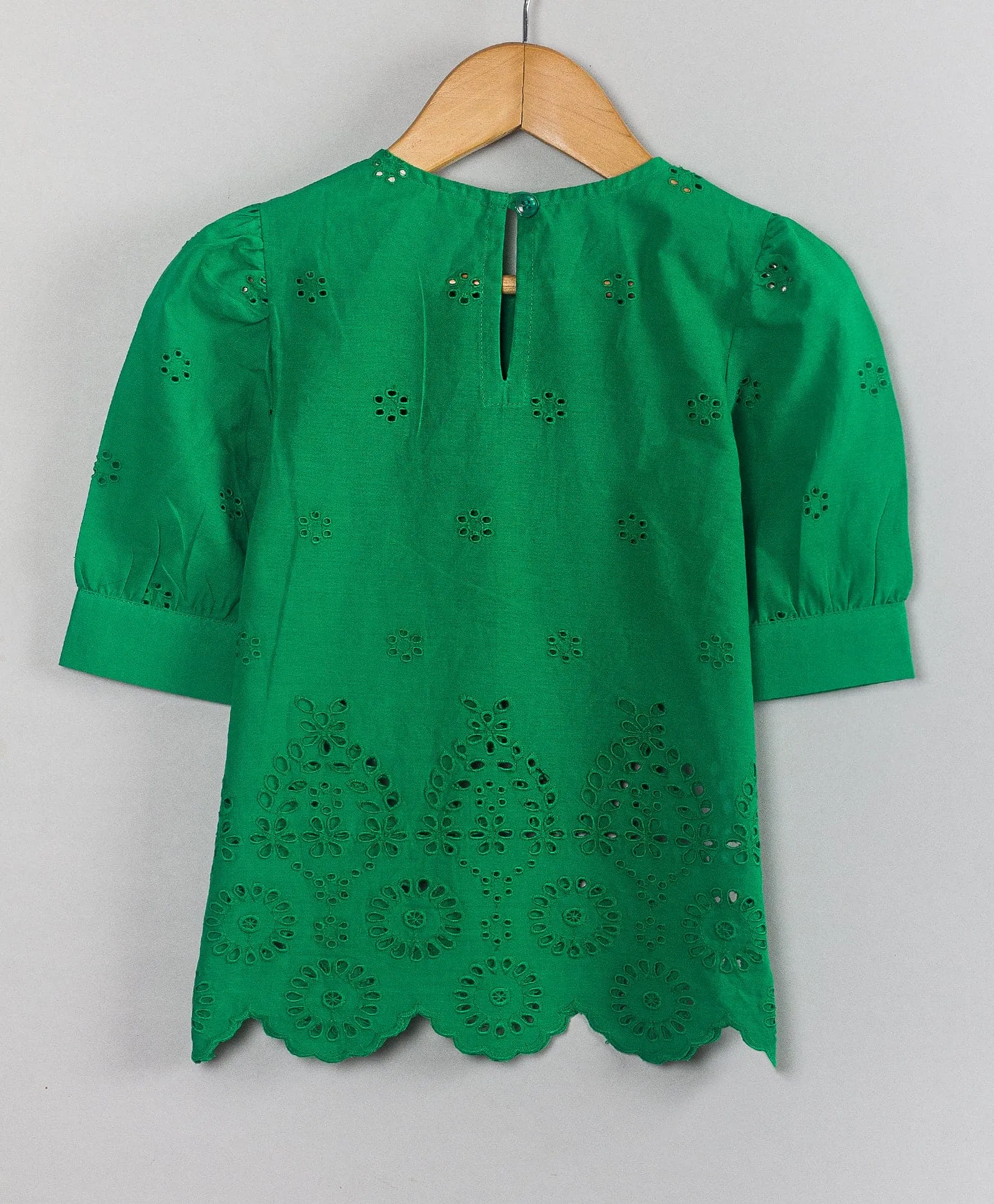 Emarald  schiffly Cotton embroidery round neck top-Green