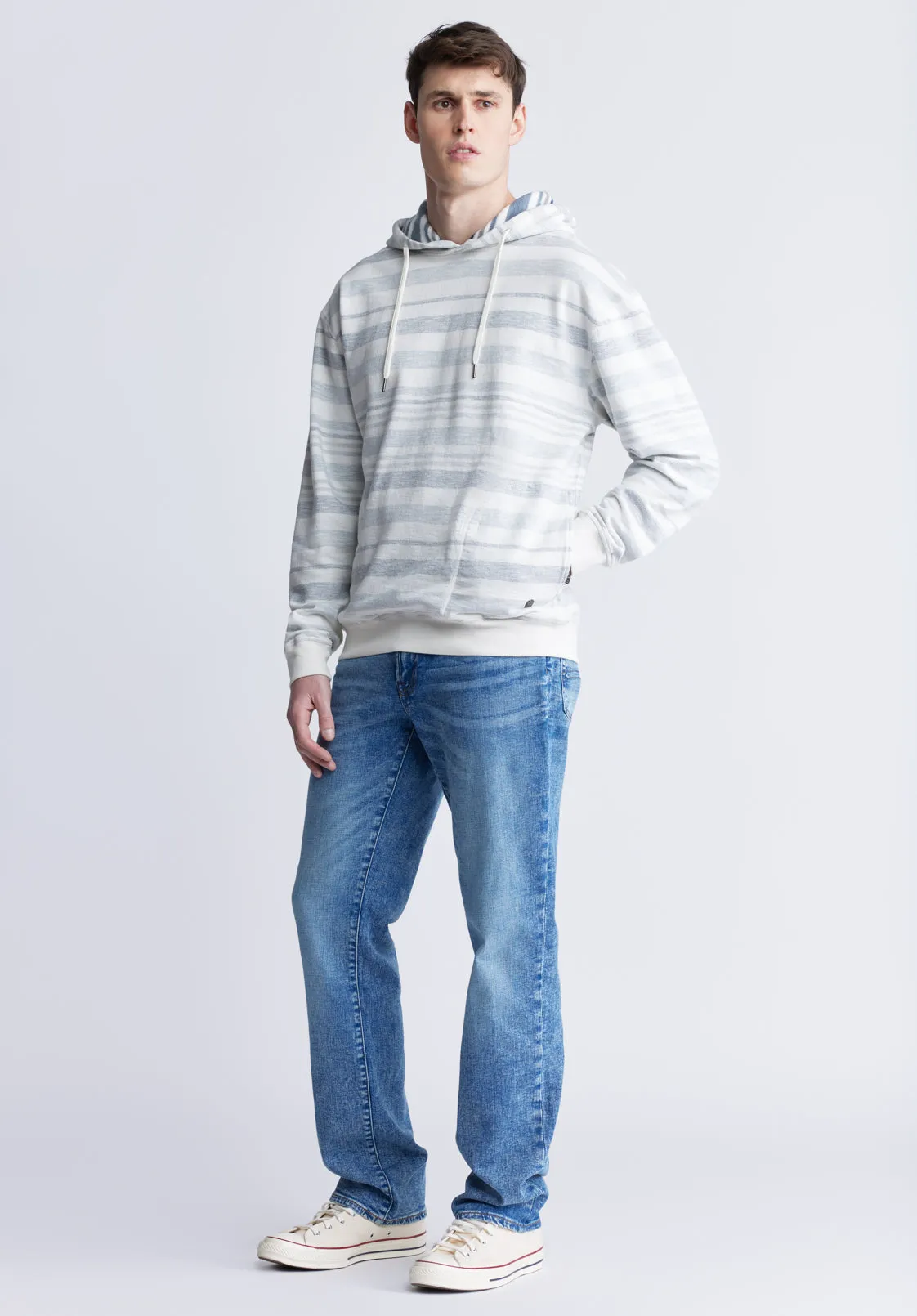 Fazel Men's Striped Hoodie, White with Light Blue - BM24456