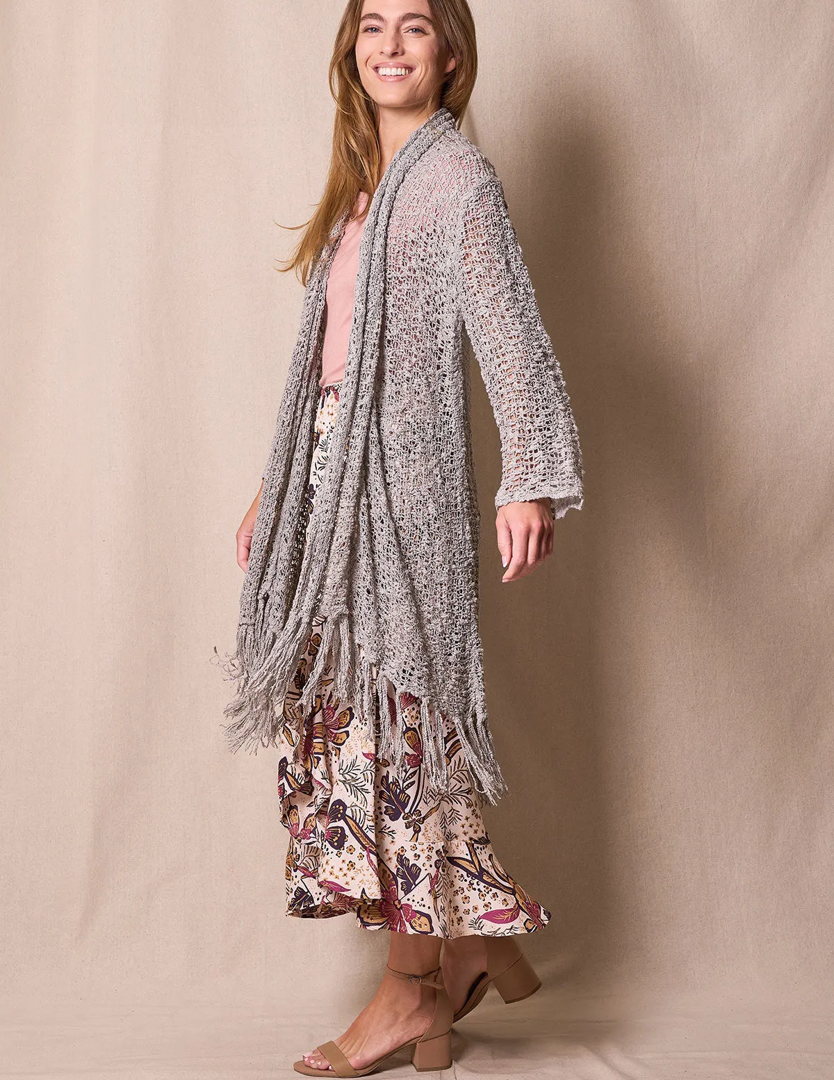 Floral Whispers: Slit Skirt & Fringed Duster Ensemble