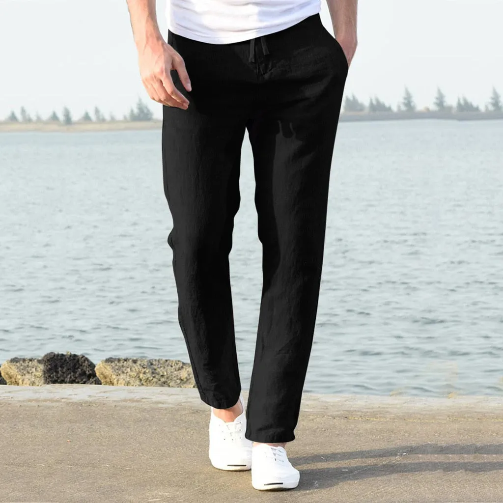 Foesce -New Men Cotton Linen Casual Pants Loose Solid Lace Up Elastic Waist Straight Trousers Breathable Sweatpants Male Streetwear