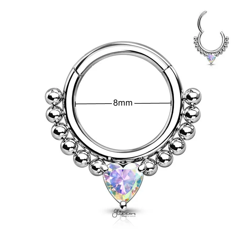 Heart CZ Hinged Segment Hoop Ring - Aurora Borealis