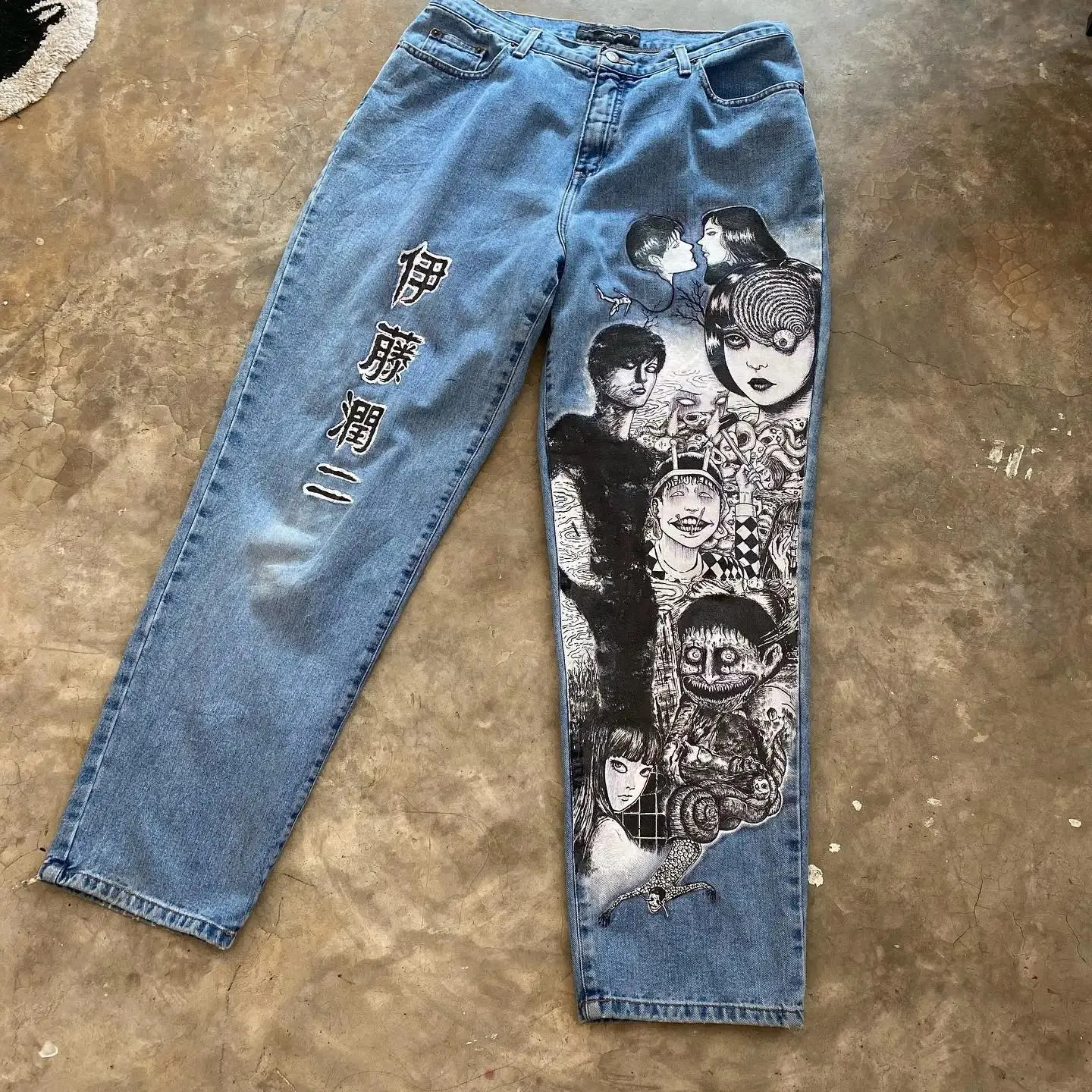 Hip Hop Anime Graphic Baggy Jeans Black Spider Print Jeans New Harajuku Denim Y2k Pants Men Women Goth High Waist Wide Trousers