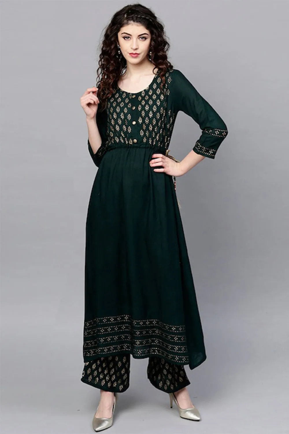 Ishin Women Green Floral Anarkali Kurta Set