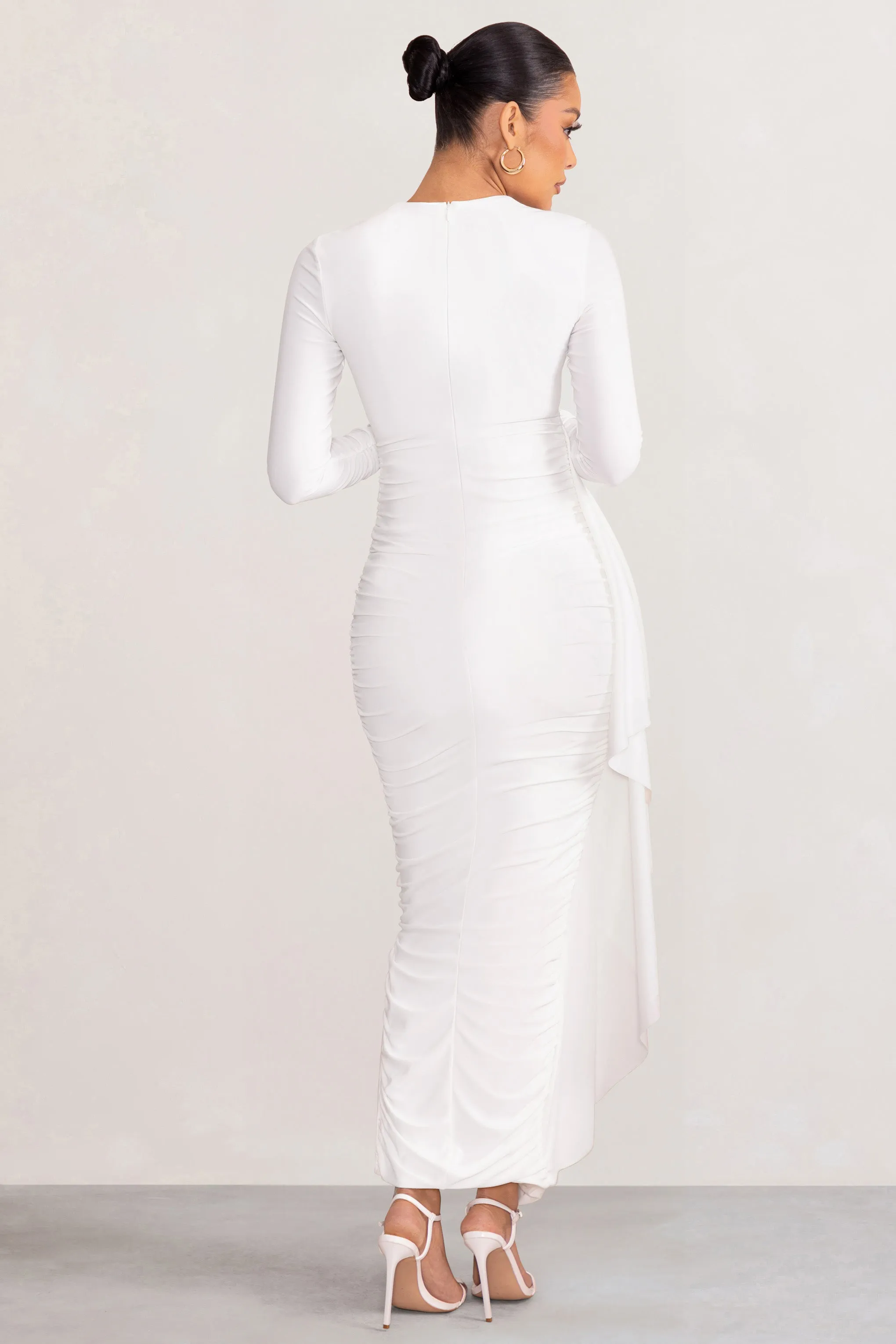 Kiara | White Long Sleeve Ruched Maternity Midi Dress with Frill Detail