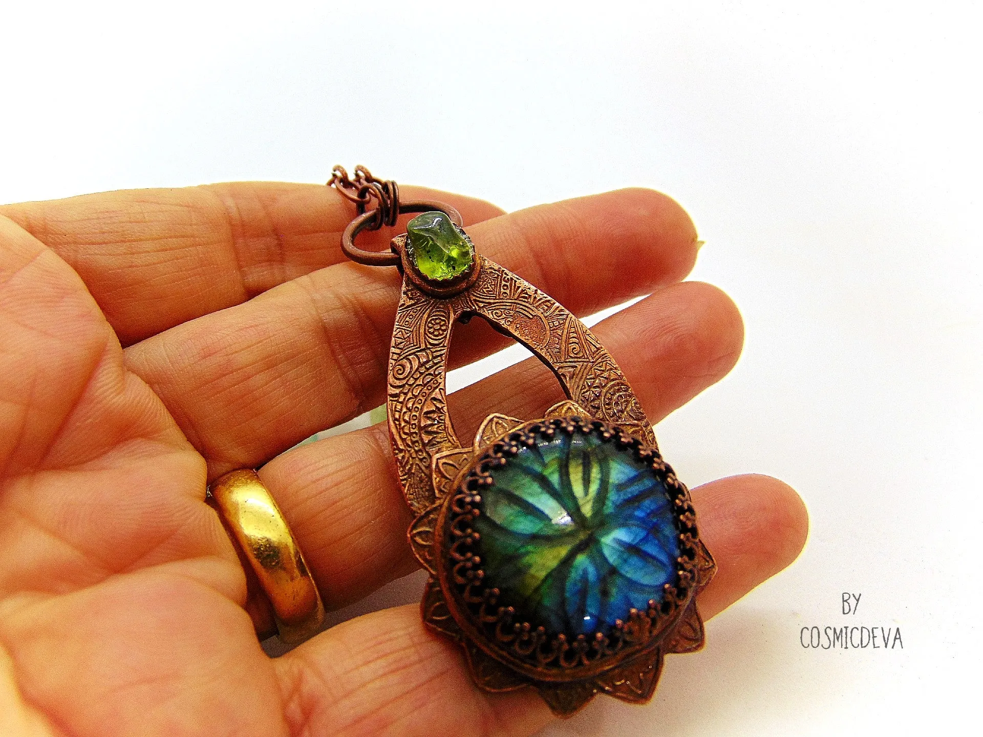 Labradorite Floral Mandala Copper Pendant Artisan Necklace