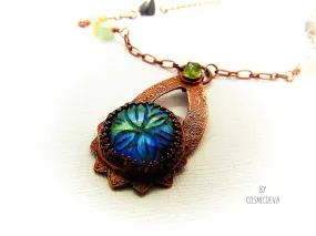 Labradorite Floral Mandala Copper Pendant Artisan Necklace