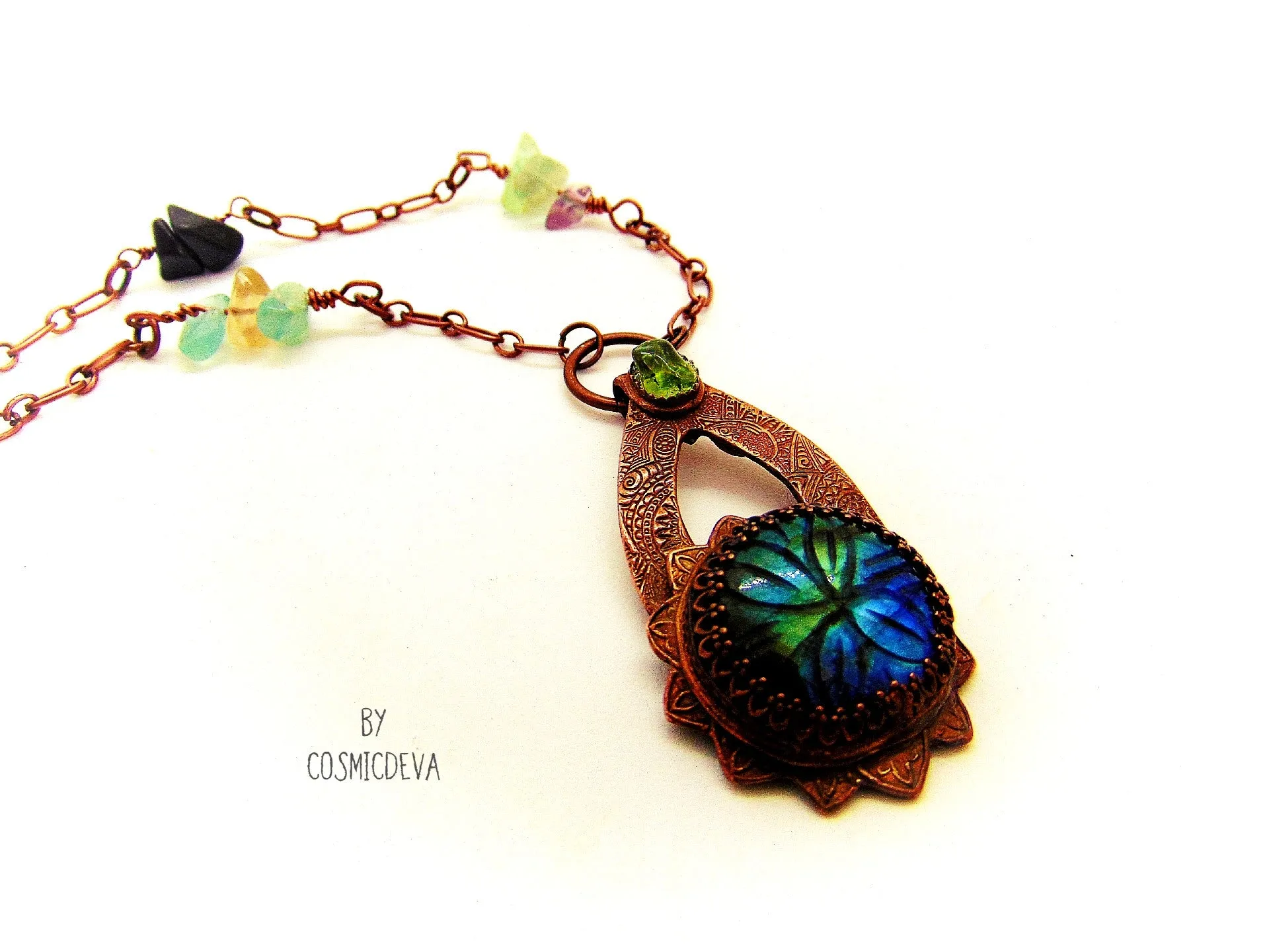 Labradorite Floral Mandala Copper Pendant Artisan Necklace