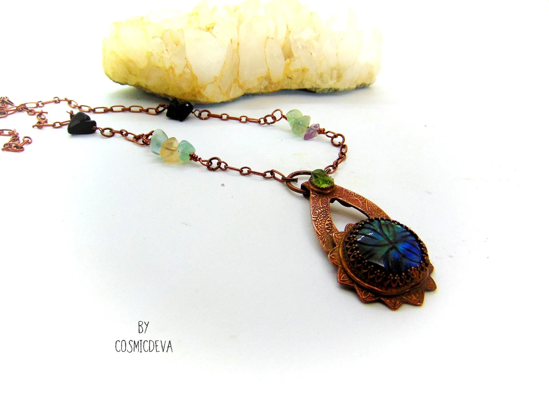 Labradorite Floral Mandala Copper Pendant Artisan Necklace