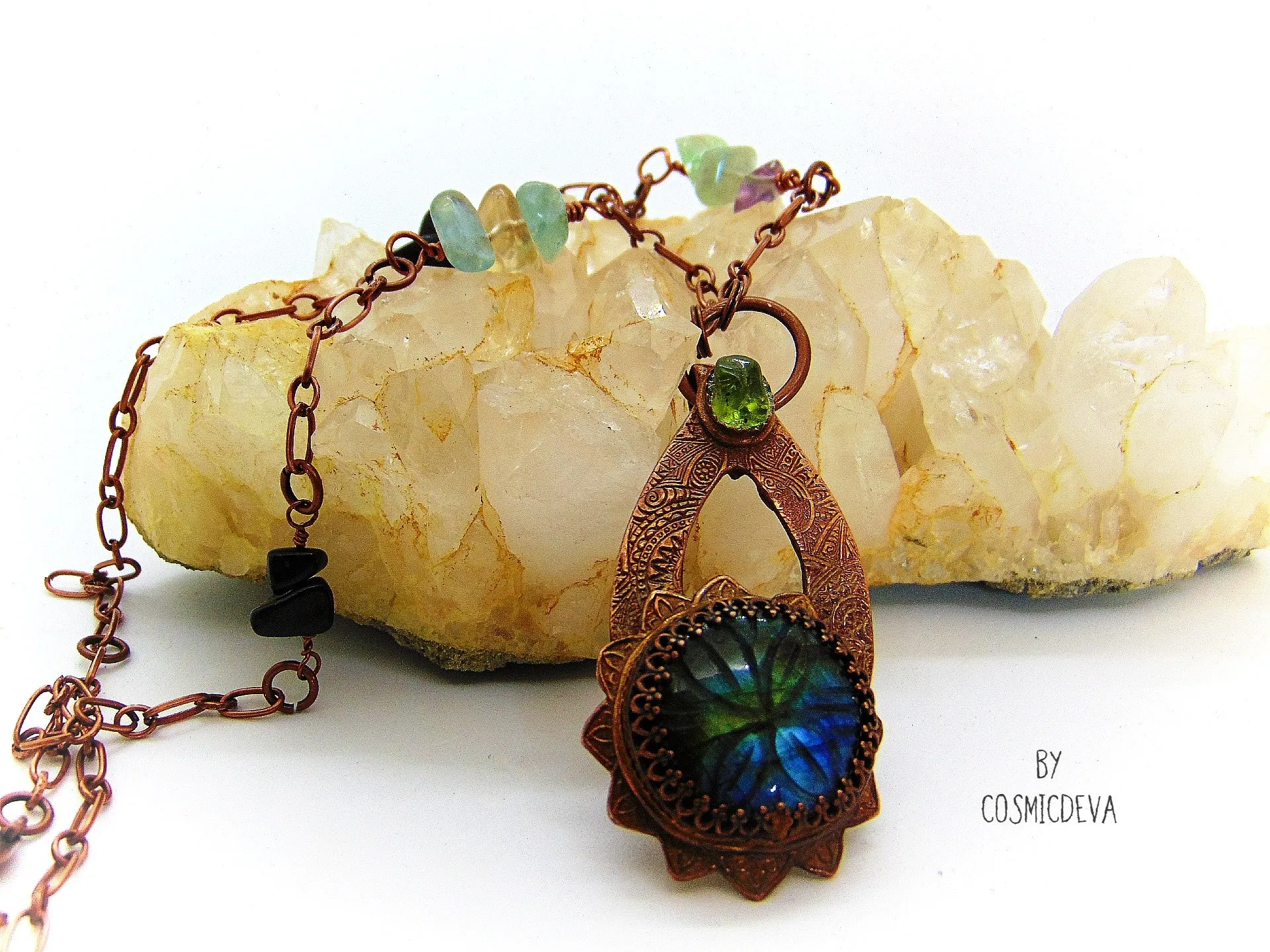 Labradorite Floral Mandala Copper Pendant Artisan Necklace