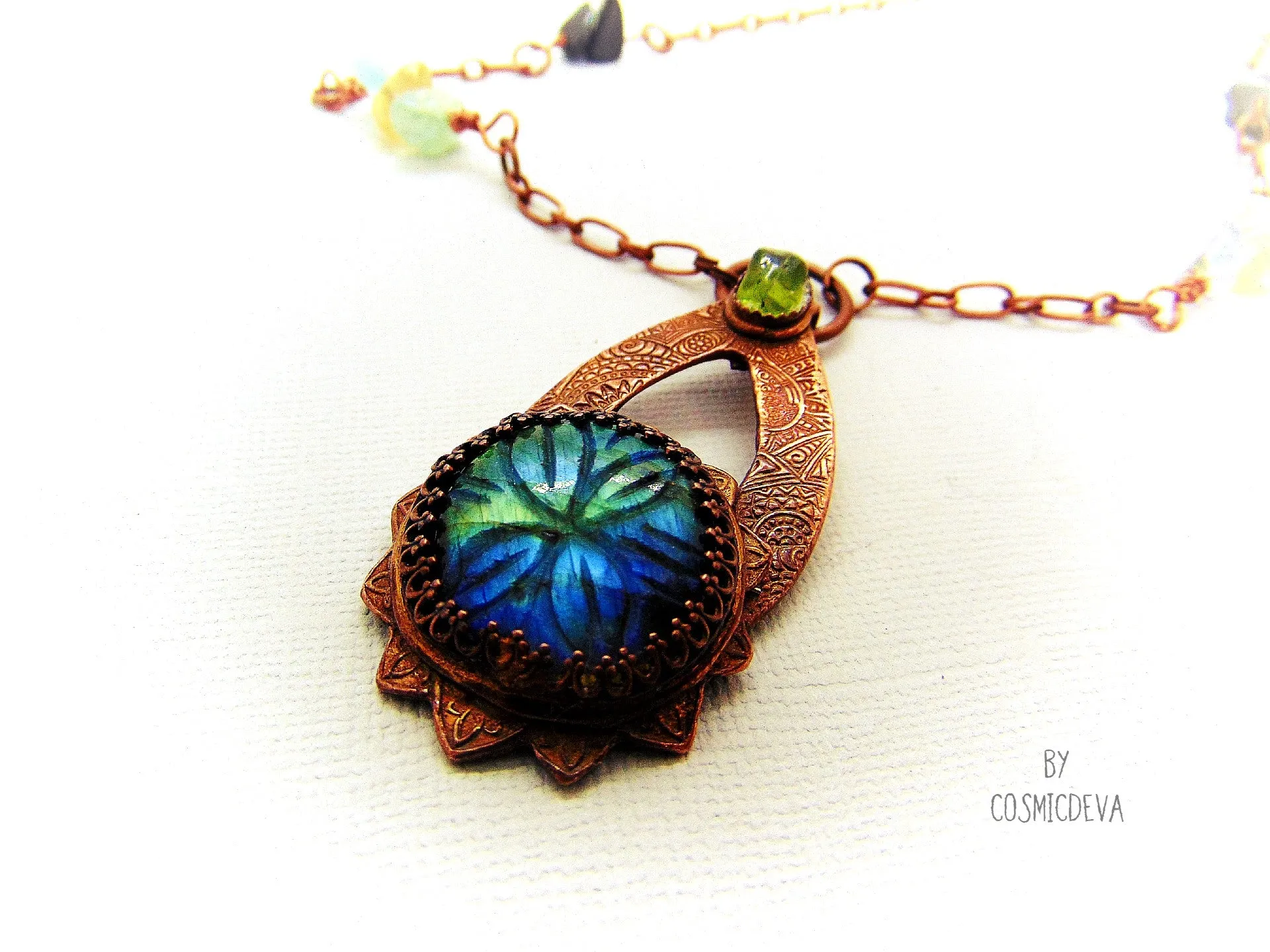 Labradorite Floral Mandala Copper Pendant Artisan Necklace