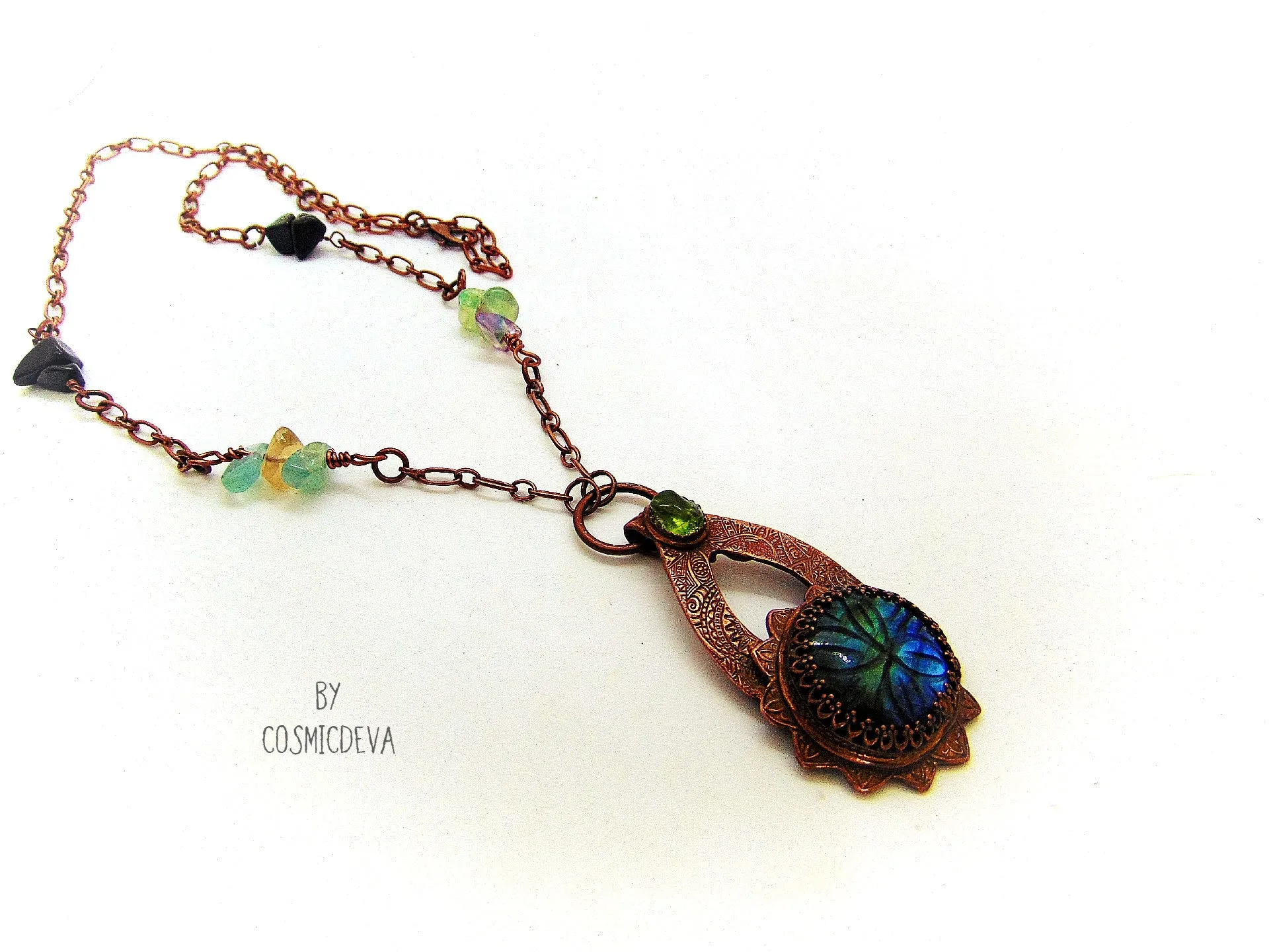 Labradorite Floral Mandala Copper Pendant Artisan Necklace