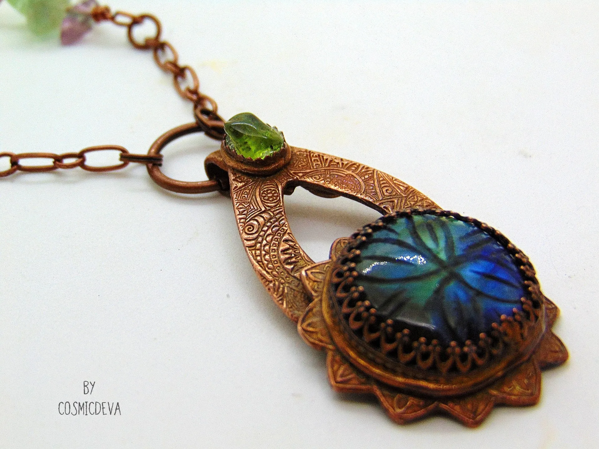 Labradorite Floral Mandala Copper Pendant Artisan Necklace