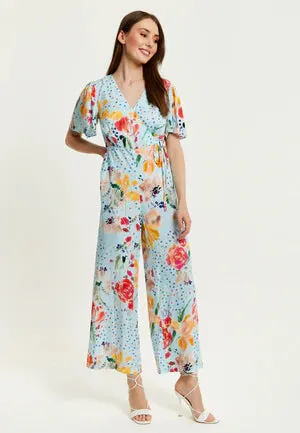 Liquorish Blue Floral Print Jumpsuit With Wide Legs